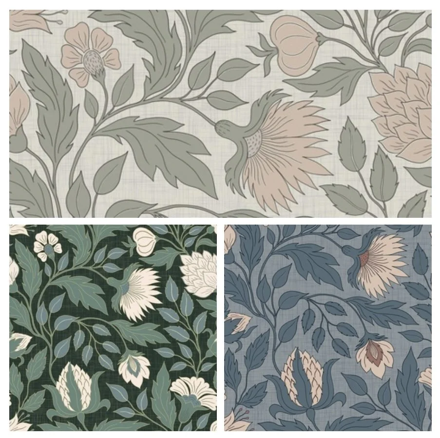 Three floral patterned fabrics with large flowers, leaves, and stems in muted tones of pink, green, and blue.