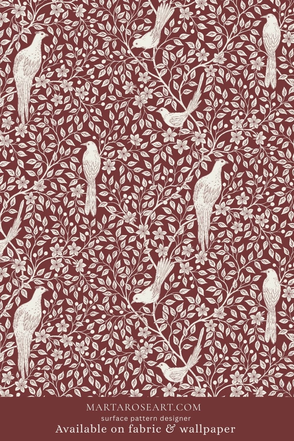 pattern design featuring delicate white birds and floral branches