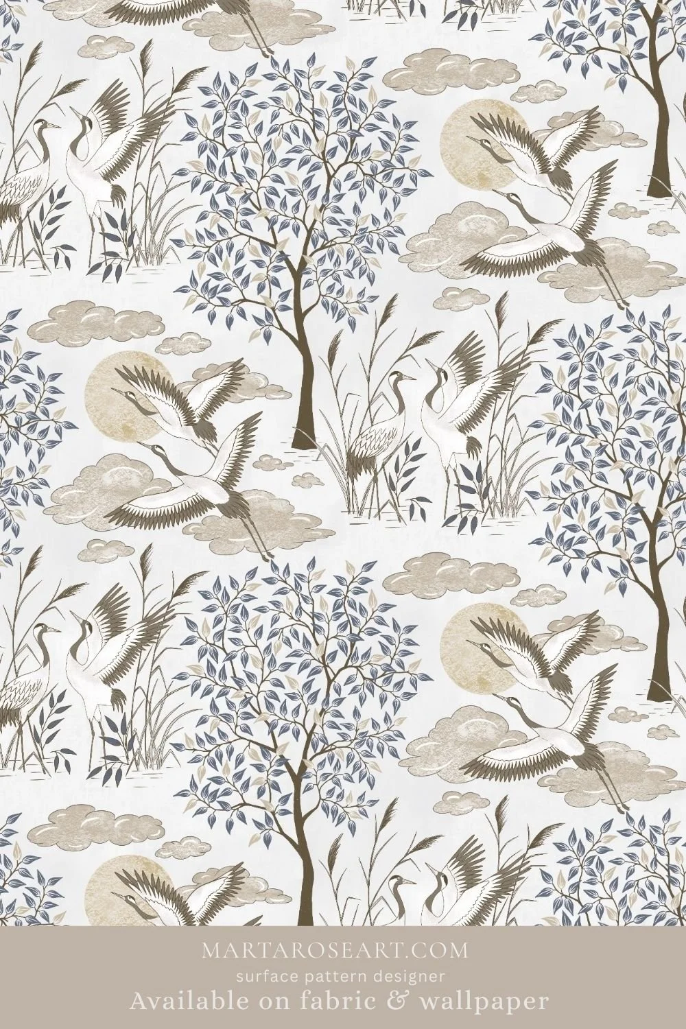 pattern design featuring elegant cranes, trees, clouds, sun and moon