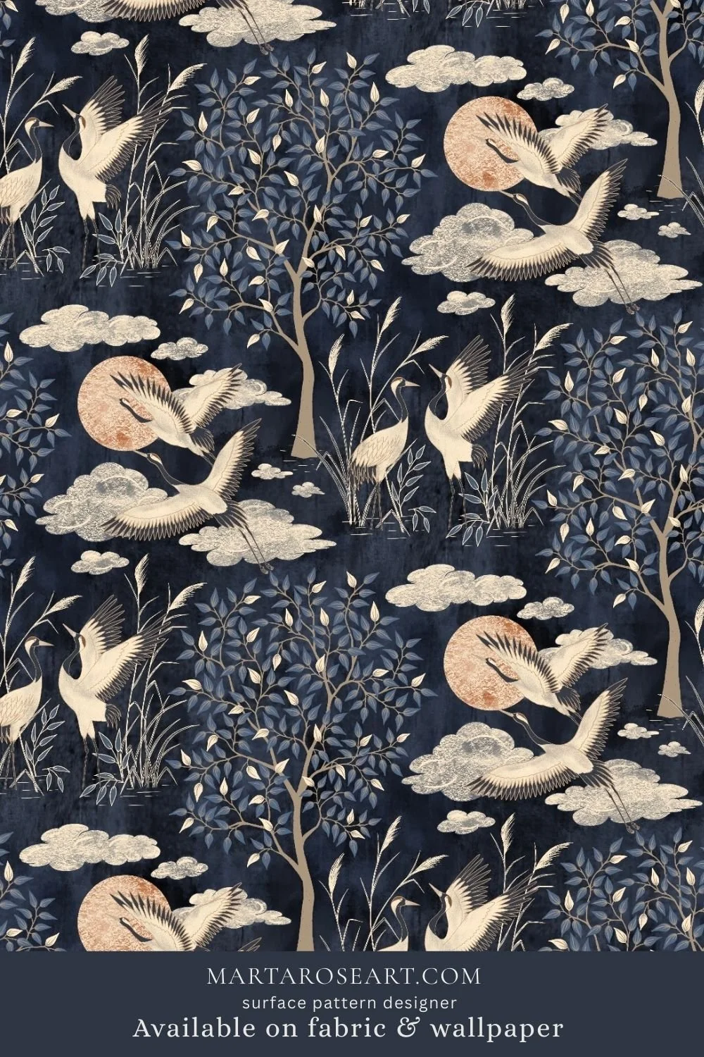 pattern design featuring elegant cranes, trees, clouds, sun and moon