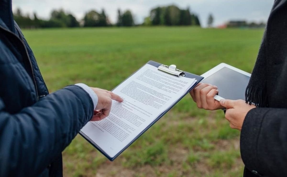 Deux personnes tiennent un document sur un clip, dans un champ vert avec des arbres en arrière-plan.