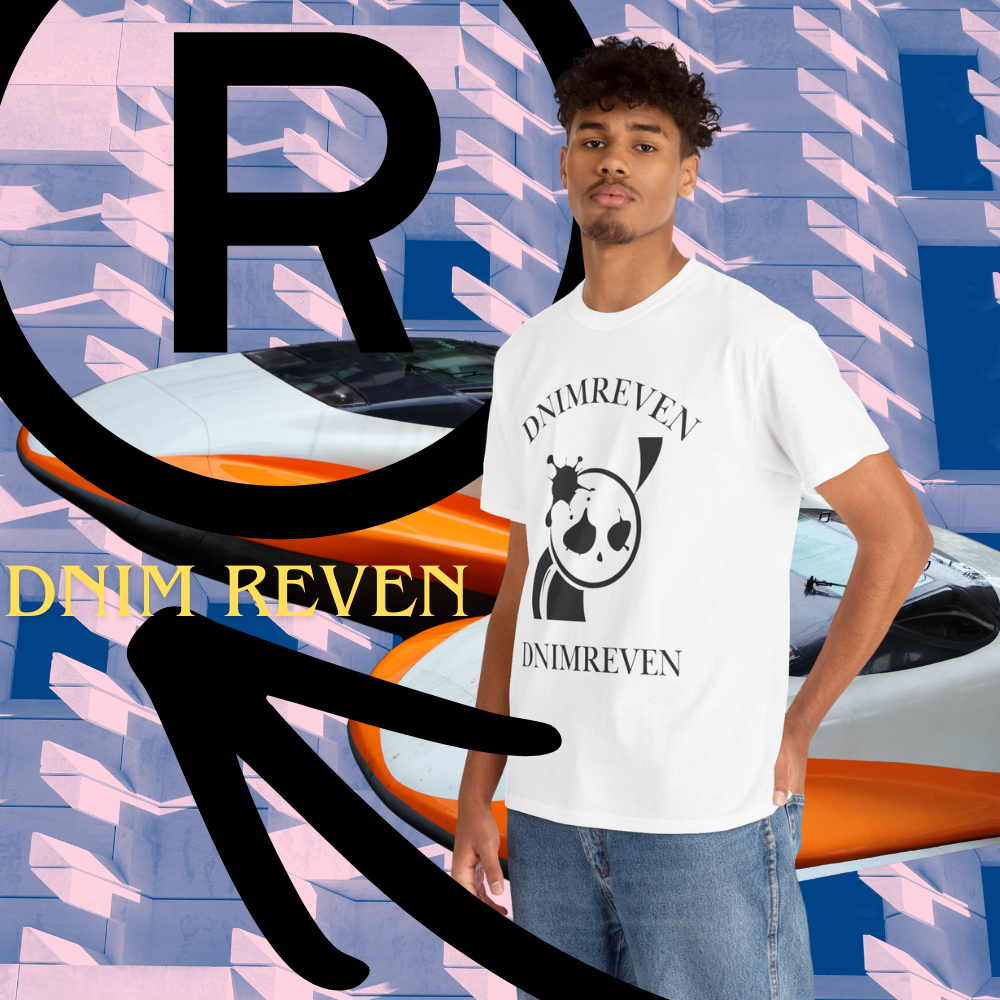 A young man with curly hair and a Mustache wearing a white T-shirt with the logo 'DNIMREVEN' and a graphic of a skull with splashes. Behind him, there is a futuristic background with a partly obscured spaceship and large black letters 'R' and 'T'. The image has graphic overlays with the text 'DNIM REVEN' in yellow.
