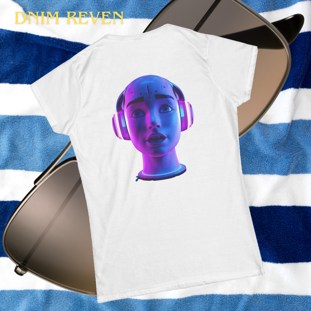 A white T-shirt with a digital art print of a humanoid robot face wearing headphones, set on a striped blue and white towel with sunglasses nearby.