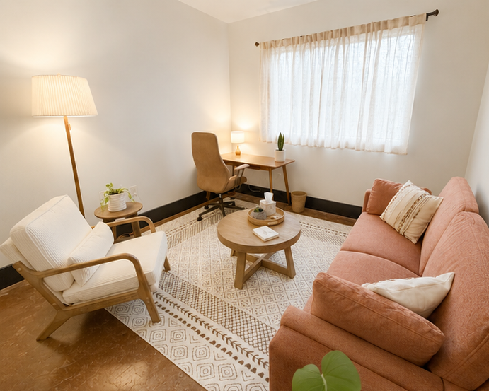 Cozy living room with a blush pink sofa, a white armchair, a wooden coffee table, a desk with a chair, a floor lamp, a small side table with a plant, and a window with light curtains.