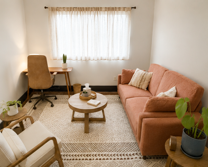 Cozy living room with pink sofa, beige armchair, round coffee table, window with sheer curtains, desk with a brown chair, and various potted plants.