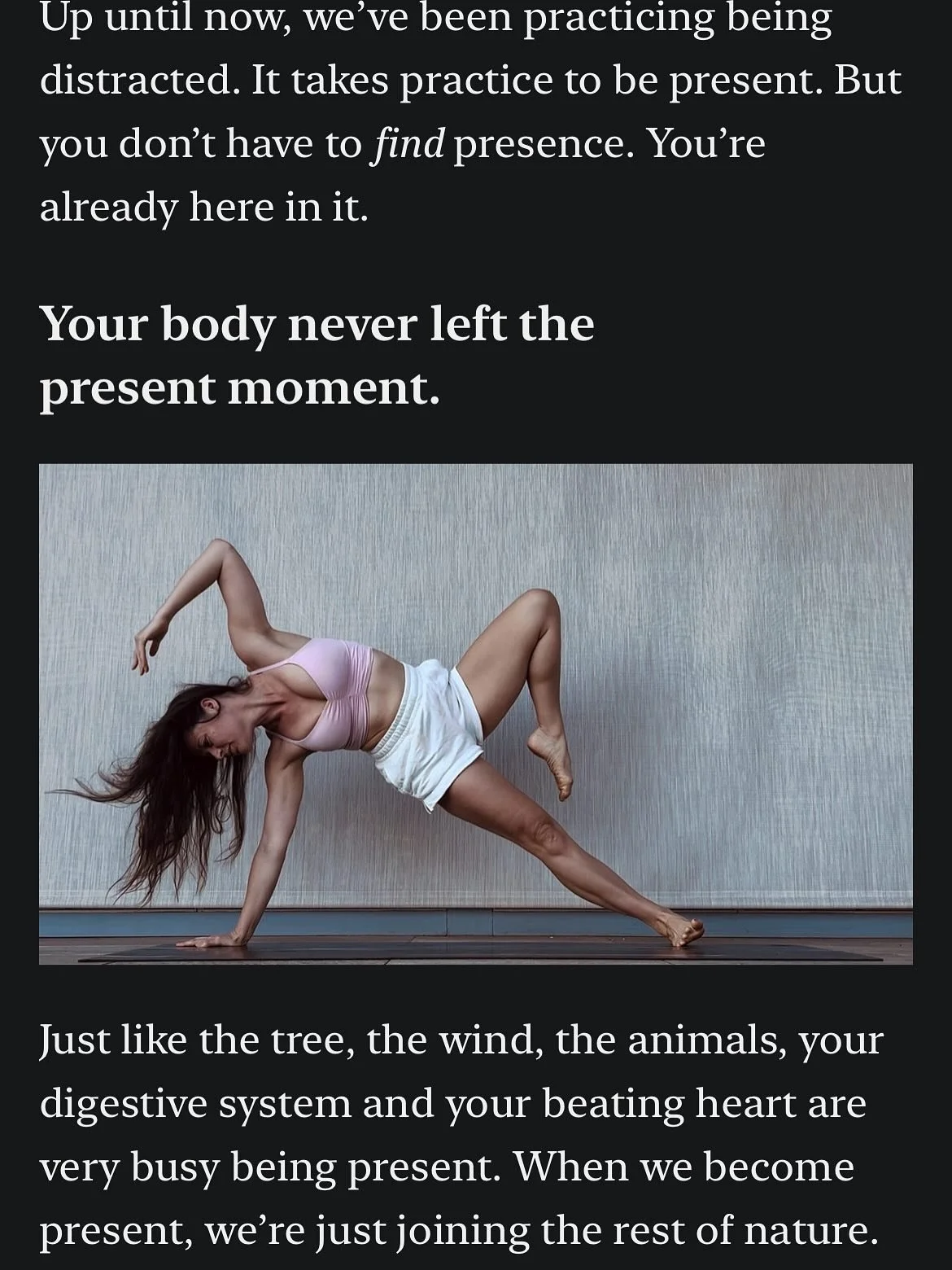 Just like the tree, the wind, the animals, your digestive system and your beating heart are very busy being present. When we become present, we&rsquo;re just joining the rest of nature.

new meditation on my podcast today! 
Available on substack ✨ (l