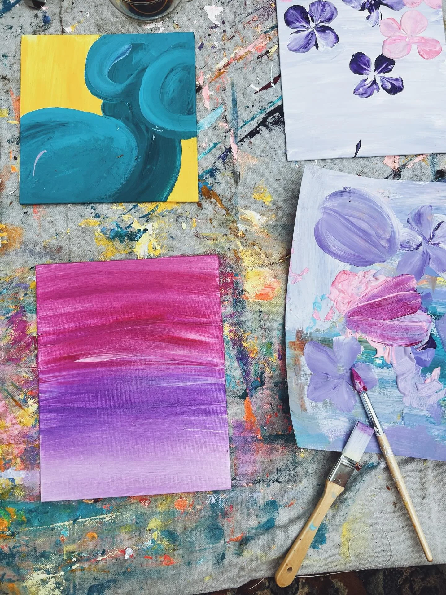 my studies of inner motherhood 
are subconsciously 
working into my paintings 

I&rsquo;m craving curves
Satisfied to slide my brush 
smooth pregnant bodies 
Boobs and bellies

Spring is inspiring 
purple and pink now

Permission to paint what feels 