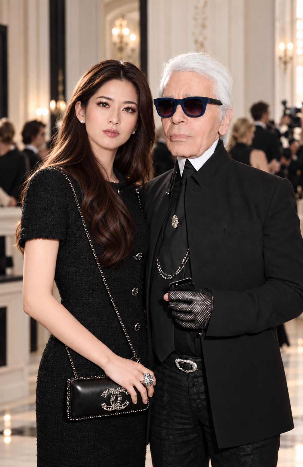 Rebecca Wang with Karl Lagerfeld at the Chanel Paris Fashion Week Show in 2013