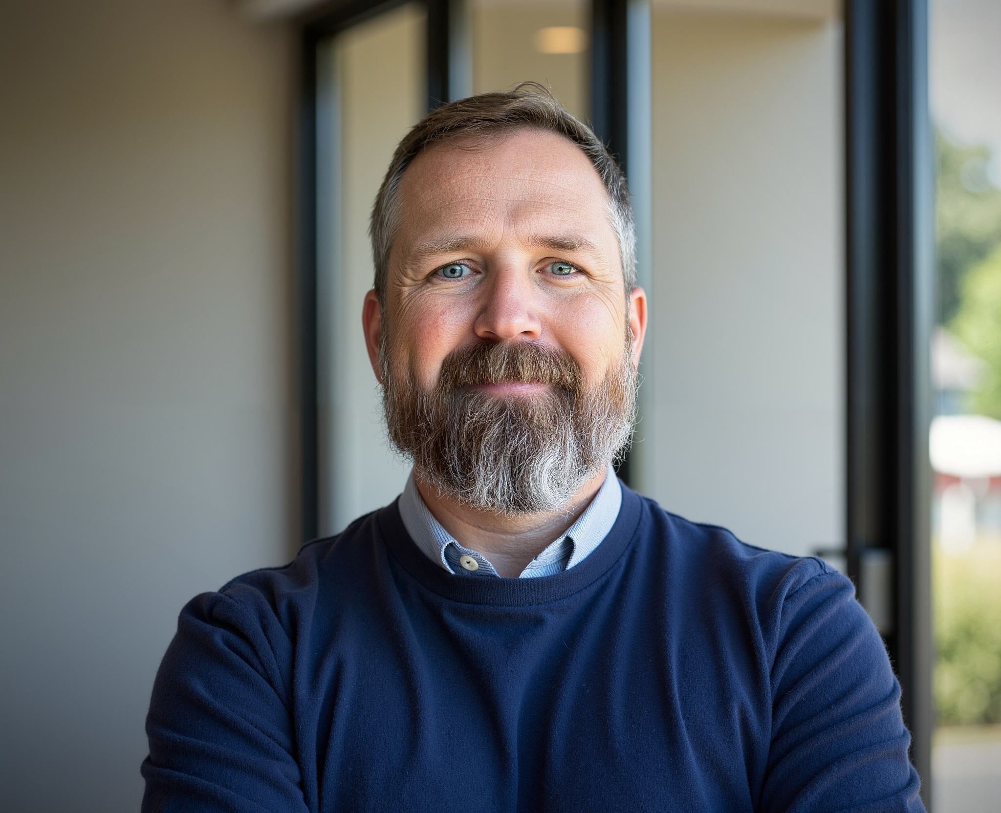 A man with gray hair and beard in a blue sweater taking a selfie indoors with large windows in the background.
