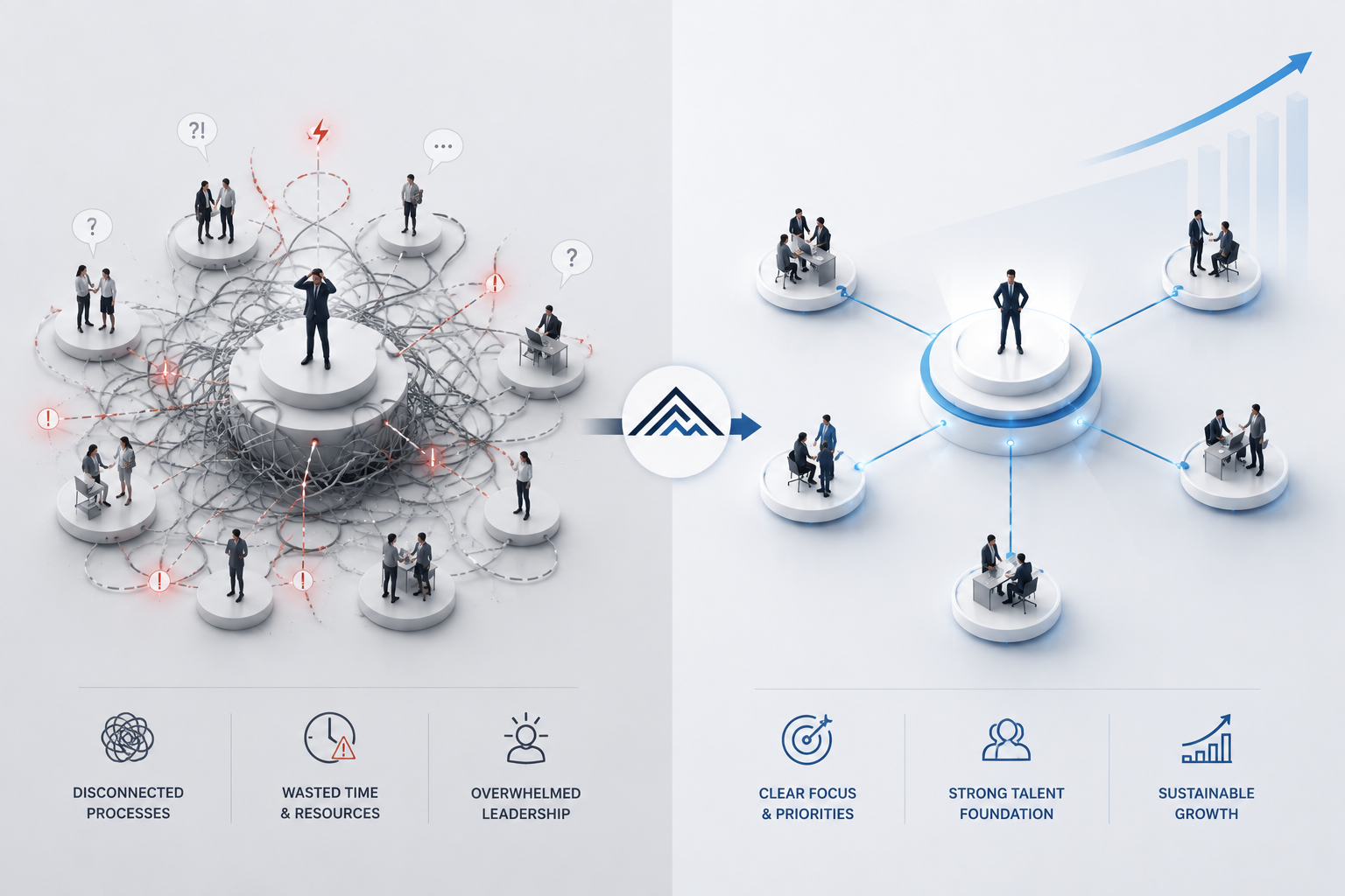 A comparison of chaotic, tangled processes on the left with organized, focused processes on the right, illustrating improved business efficiency and growth.