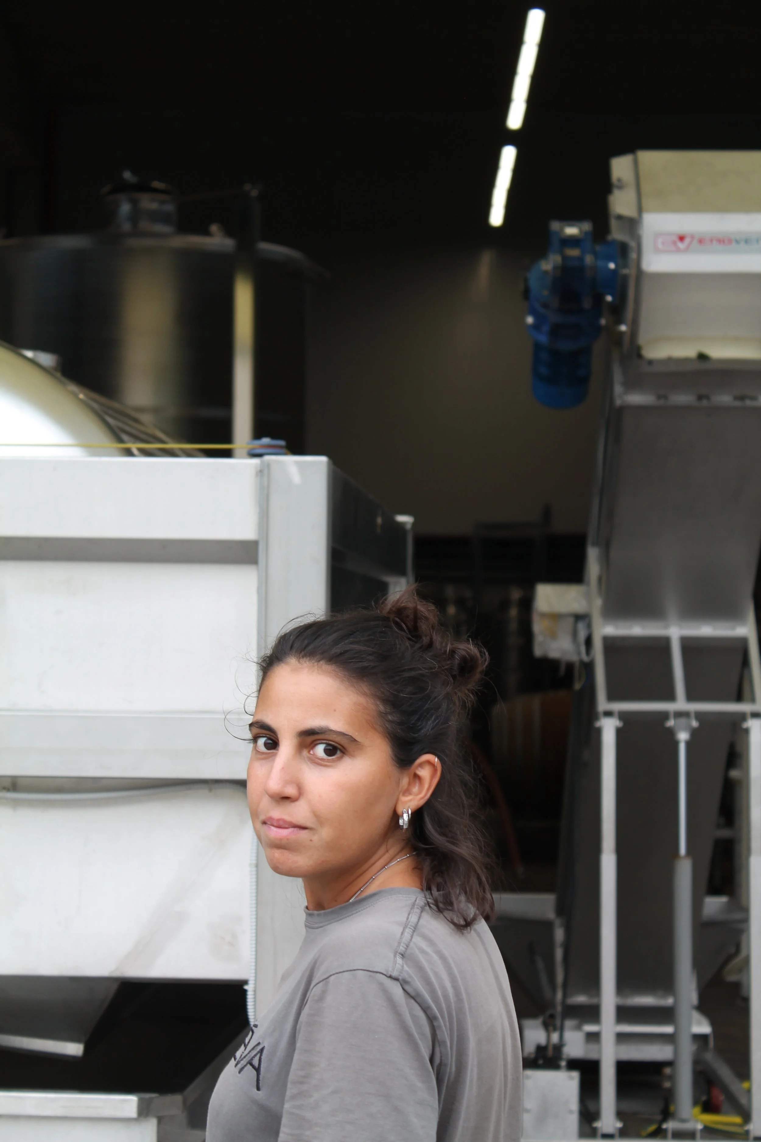 Donna con capelli castani e occhi scuri che indossa una maglietta grigia, in un ambiente industriale con macchinari metallici e tubi sullo sfondo.