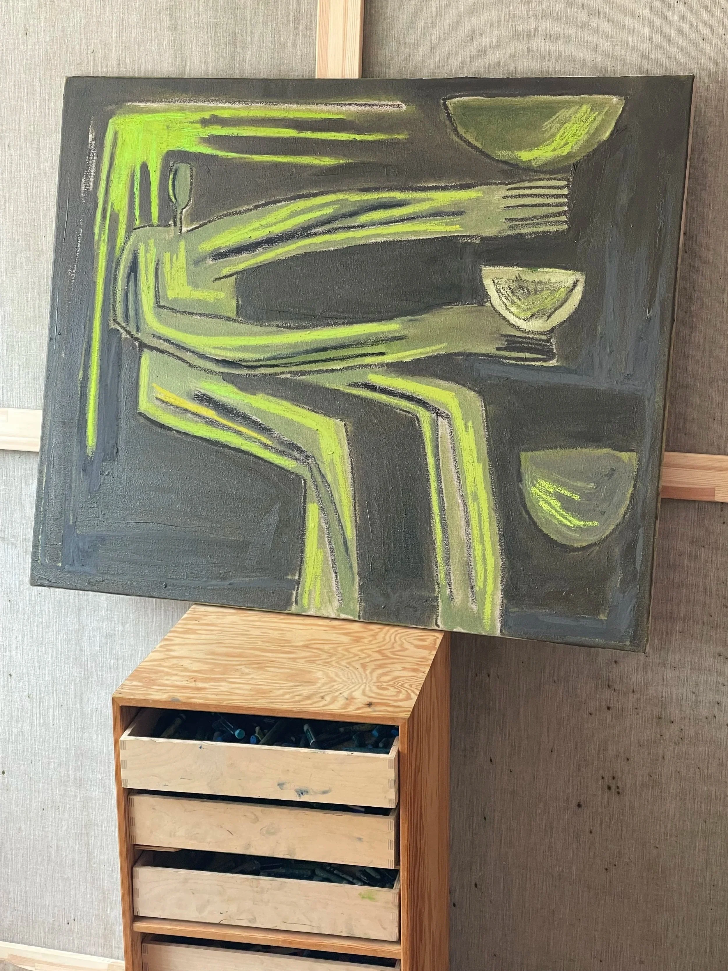 'Holder om og holder af' 
Oliepastel og olie på hørlærred.
85 x 70 cm.
7.000 DKK