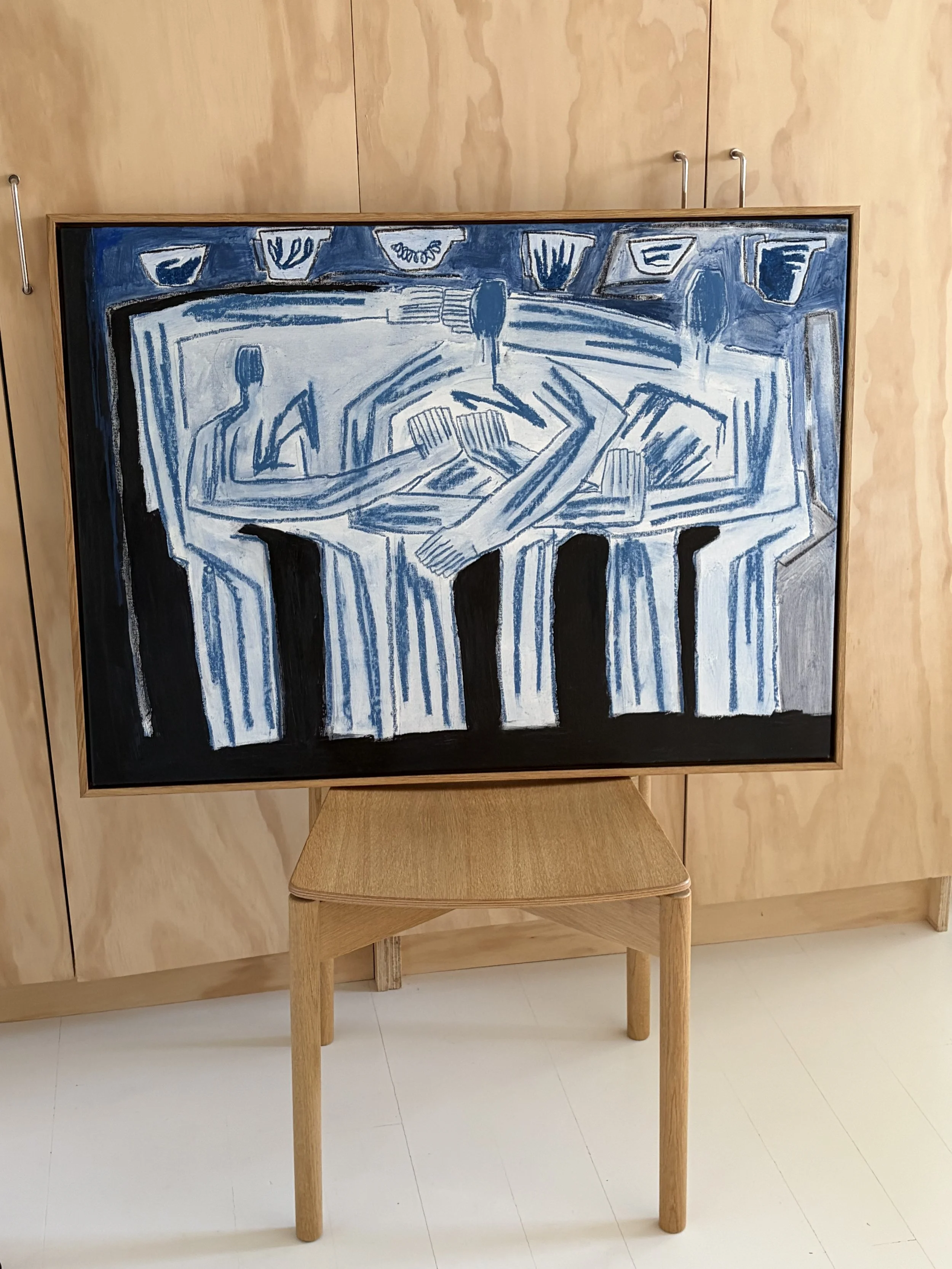'Sammen om det' 
Oliepastel og akryl på lærred i ramme af olieret egetræ.
98 x 71 cm.
11.000 DKK