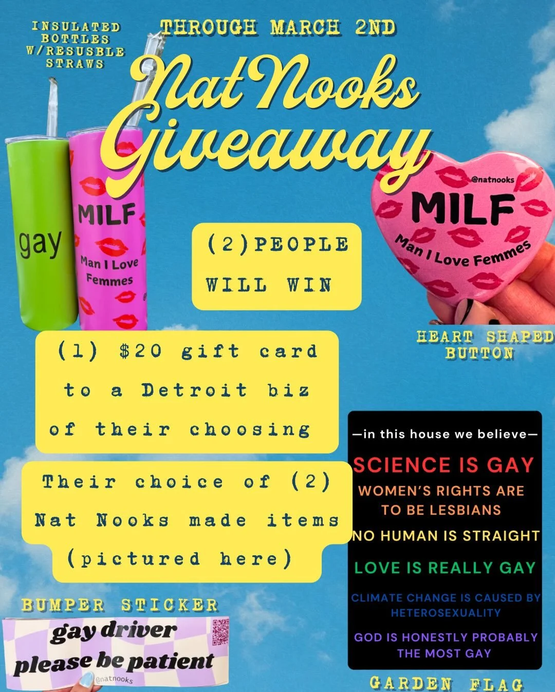 ✨GIVEAWAY POST✨ From now through 3/2, you can win:

💰 a $20 gift card to any business of your choosing (that is located in Detroit &amp; sells gift certificates)

🛍️ any (2) @natnooks @knicknatsdetroit made items of your choice! Most of what I have