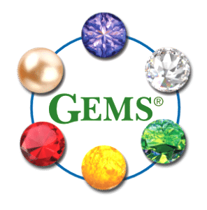Six colorful gemstones surrounding the GEMS logo on a white background that is part of Teepa Snow's Positive Approach to Care program