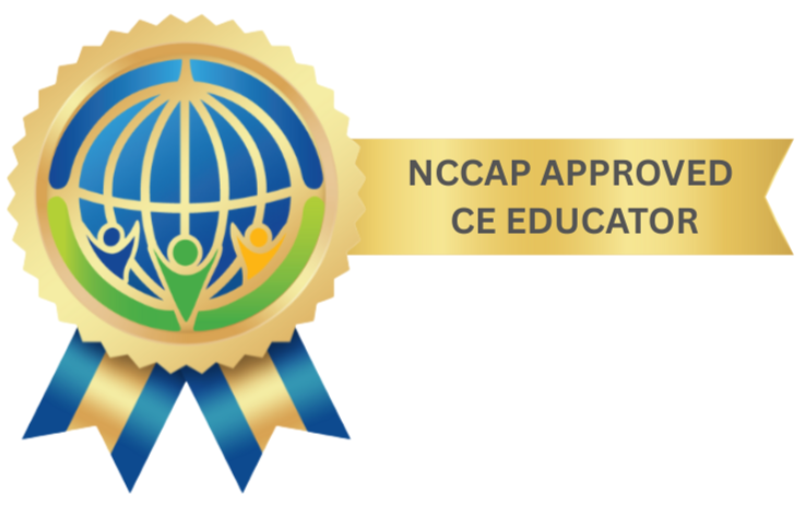 NCCAP approved CE educator badge featuring a globe with human figures and banners certification in Program activities for people living with dementia