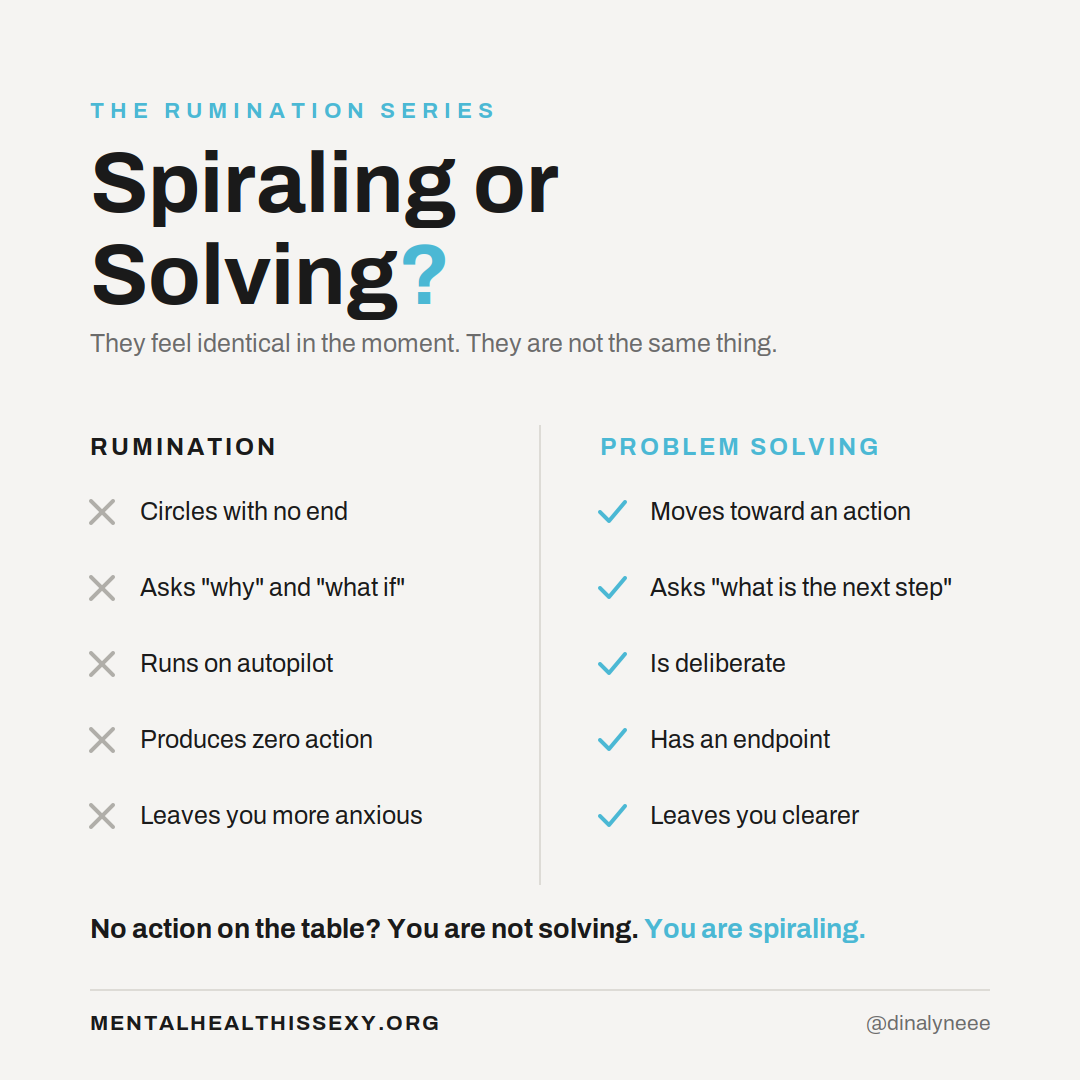 Rumination vs problem solving comparison chart showing rumination circles without action while problem solving moves toward a next step