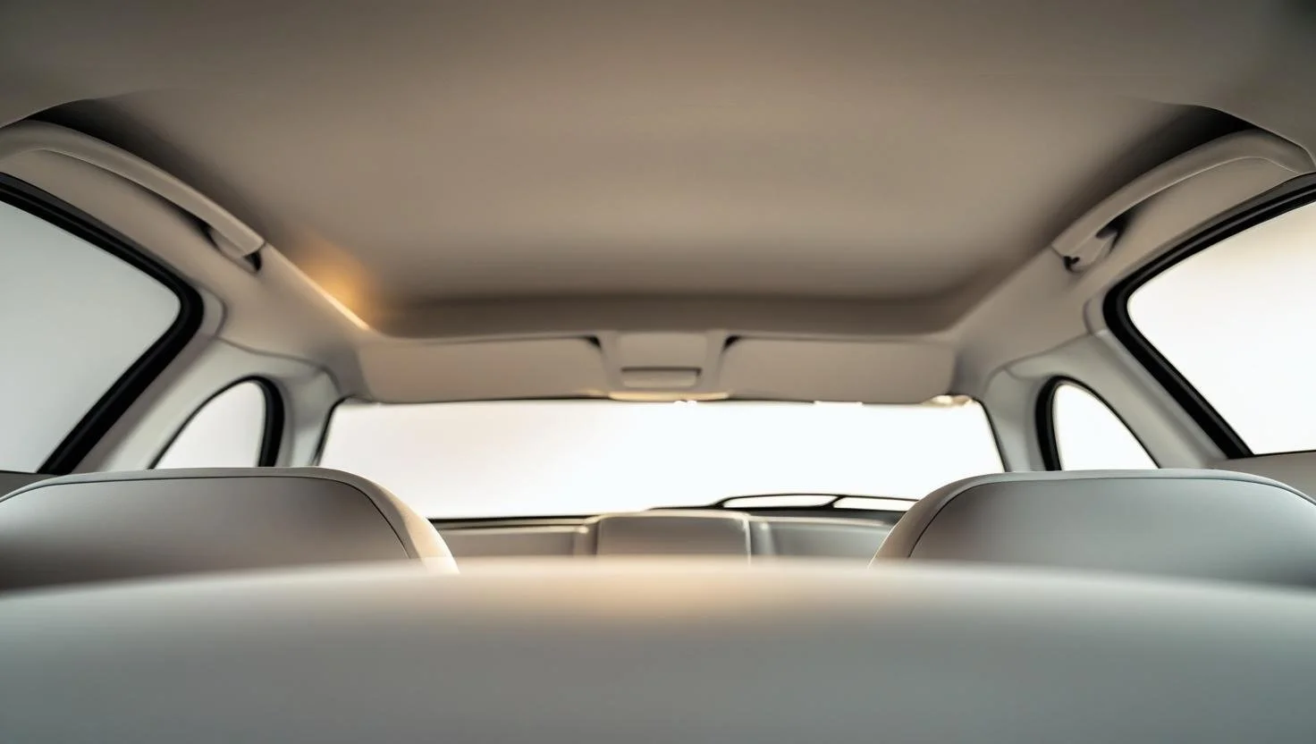 View of the interior of a car from the back seat looking towards the front windshield and ceiling.