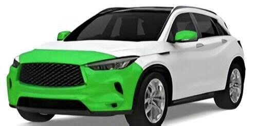 White SUV with green accents on the front bumper, side mirrors, and hood.