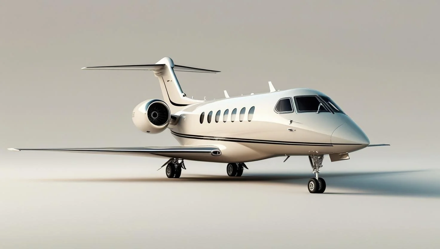 A modern private jet with a sleek white body parked on a tarmac.
