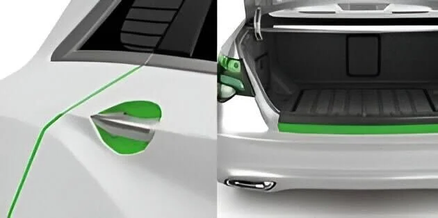 Comparison of a green electric car charging port on the left and a car trunk open on the right
