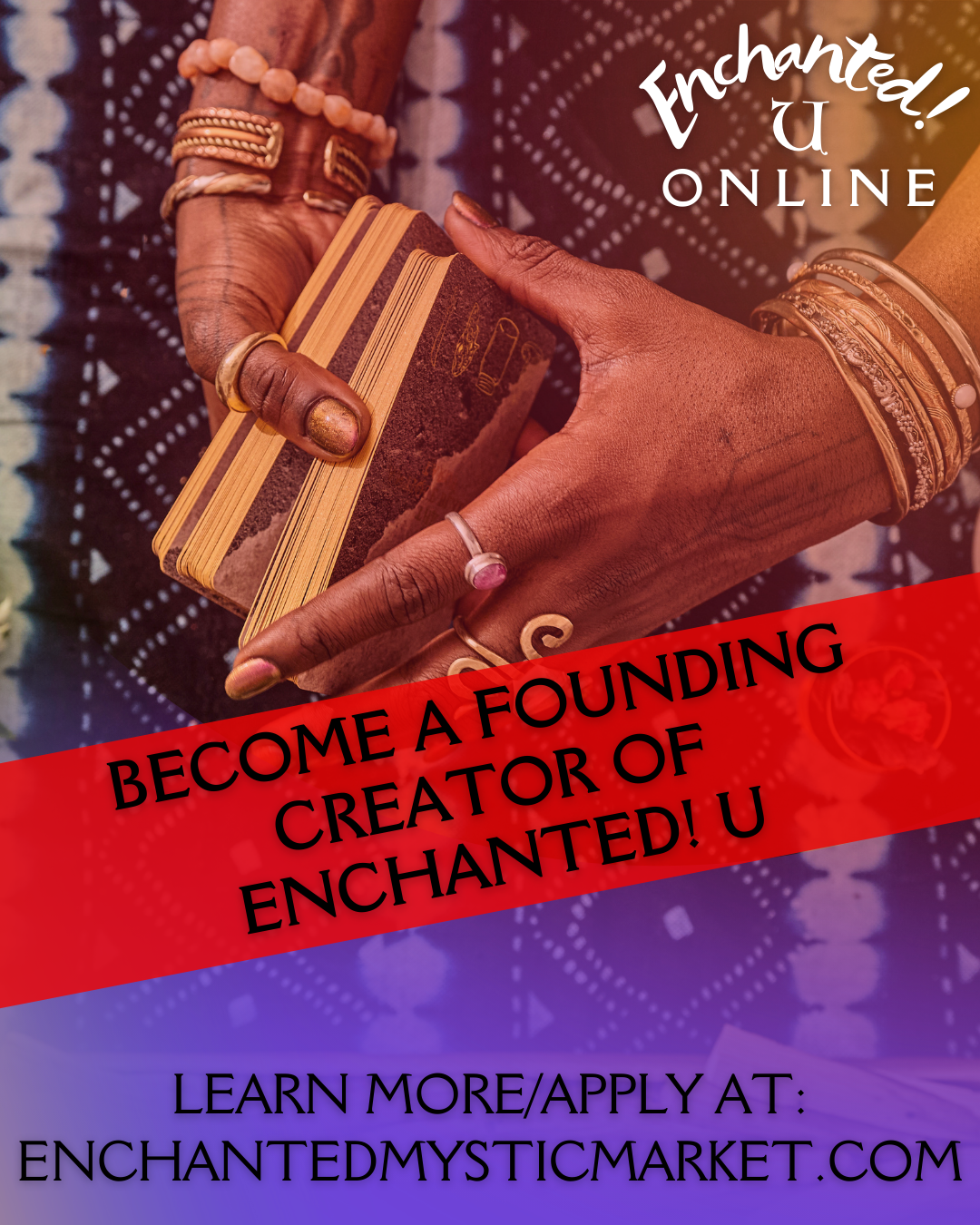 Hands with jewelry holding a deck of tarot or oracle cards against a patterned background with promotional text for an online enchanted marketplace.