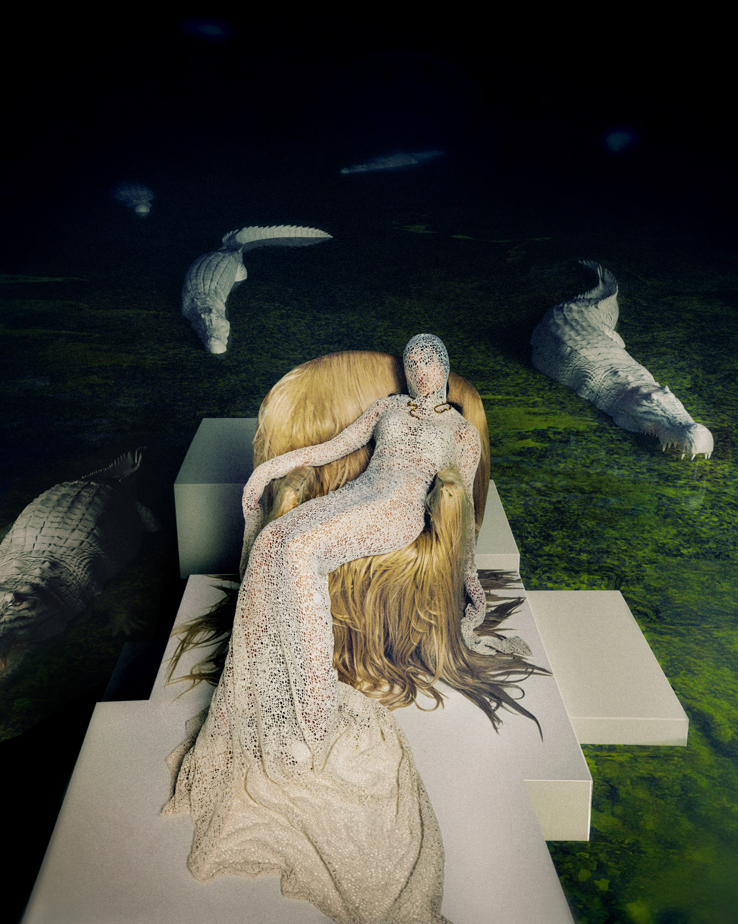 A surreal digital art piece featuring a humanoid creature with a spotted, lizard-like skin lying on a large, golden lion's mane in a dark landscape. Several large, extinct marine reptiles are swimming underwater in the background.