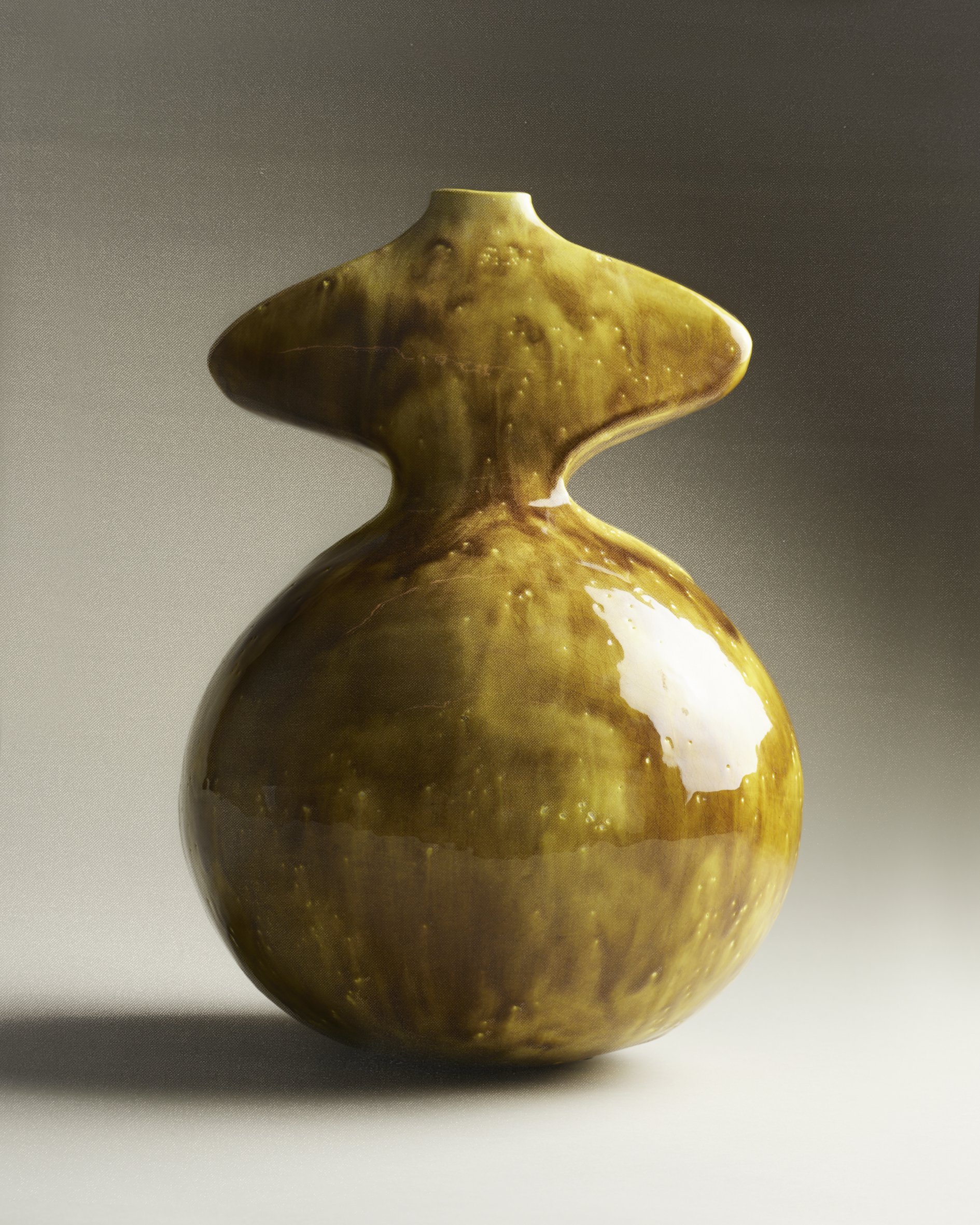 Ceramic vase with a rounded body and a short neck, glazed in shades of yellow and brown, set against a gradient background.