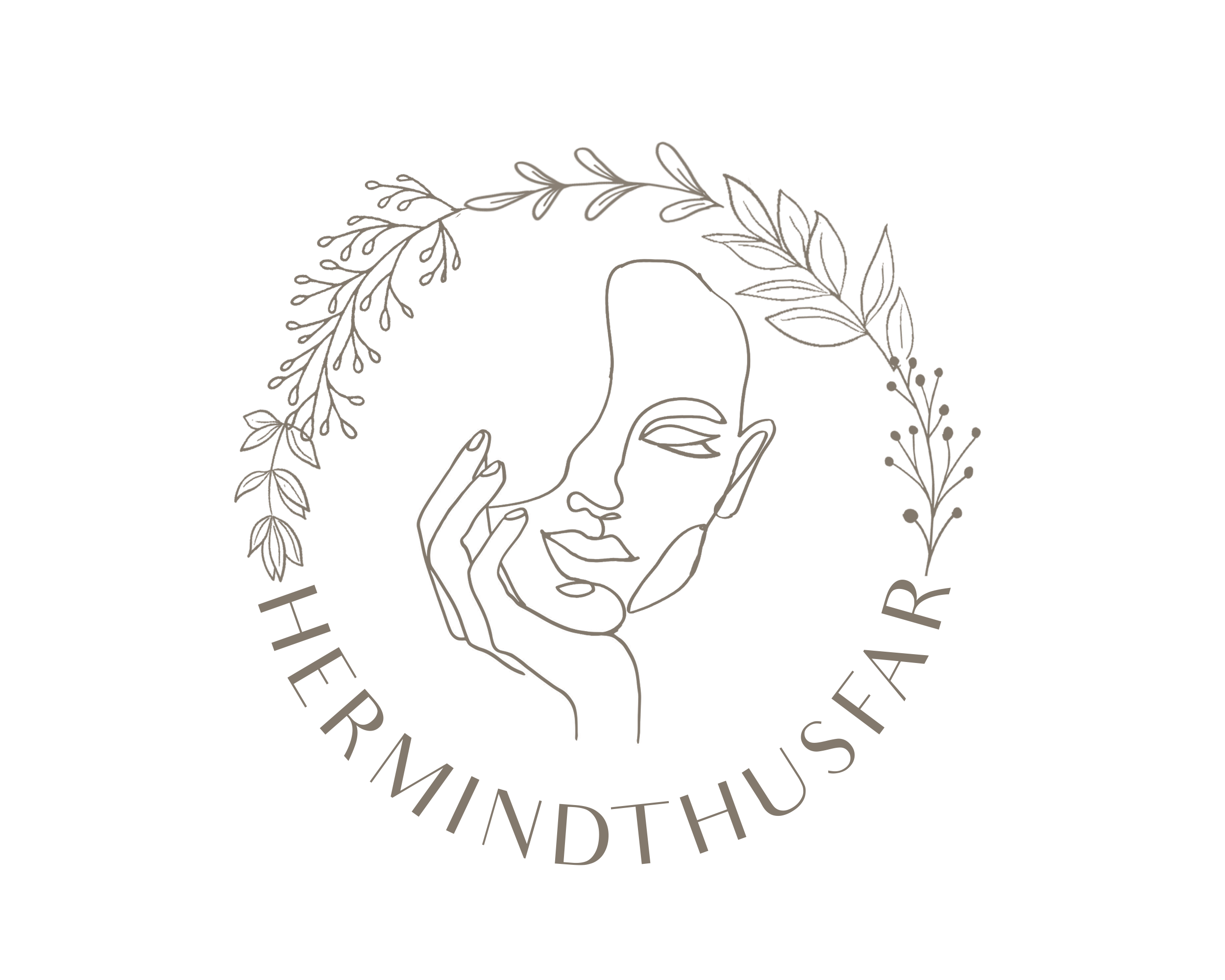 A line drawing of a Buddha figure with botanical elements around the head, encircled by text.