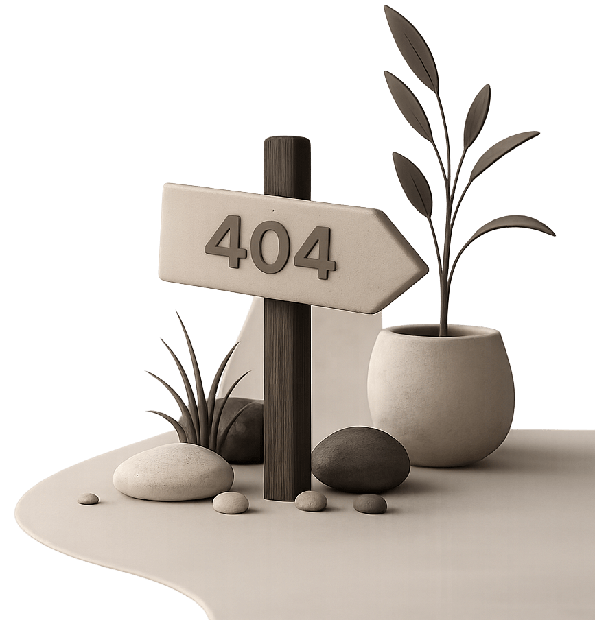 A monochrome art display featuring a signpost with '404', a potted plant with broad leaves, rocks, and smaller plants arranged on a curved surface.