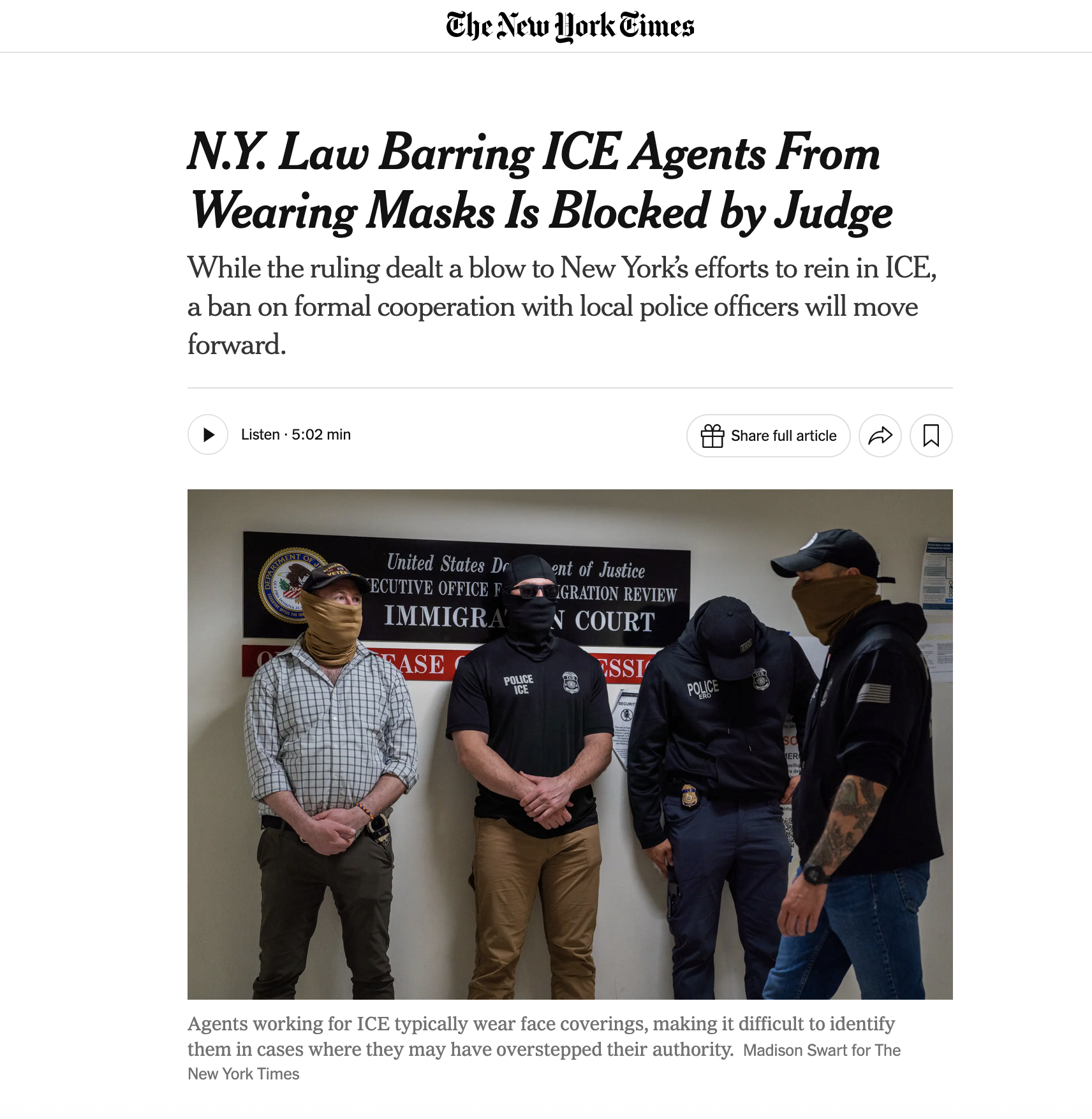 THE NEW YORK TIMES - NY Law Barring ICE Agents From Wearing Masks Is Blocked by Judge