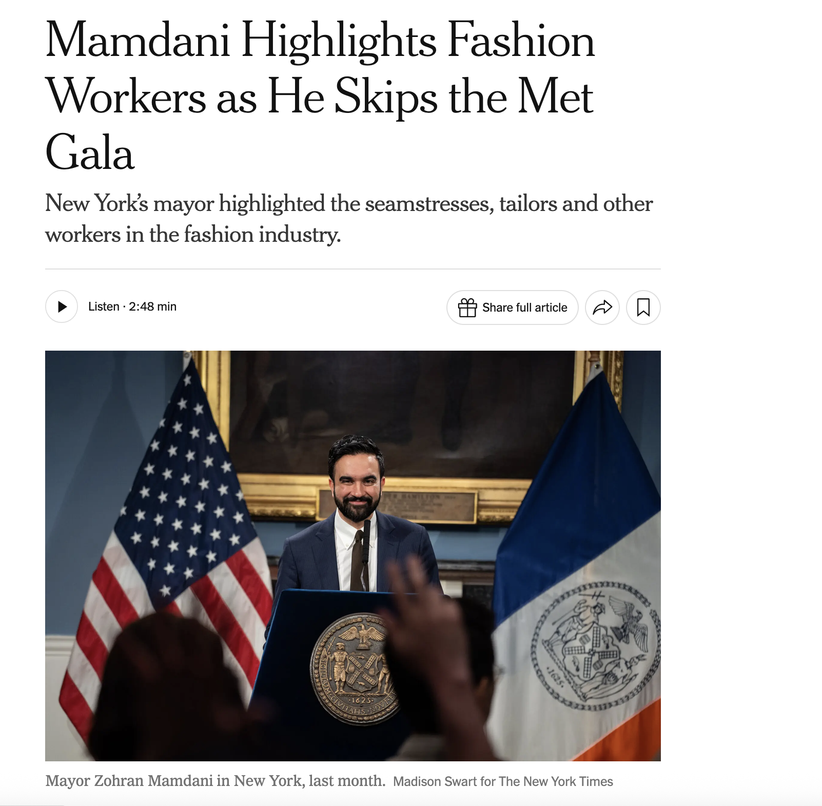 THE NEW YORK TIMES - Mamdani Highlights Fashion Workers as He Skips the Met Gala