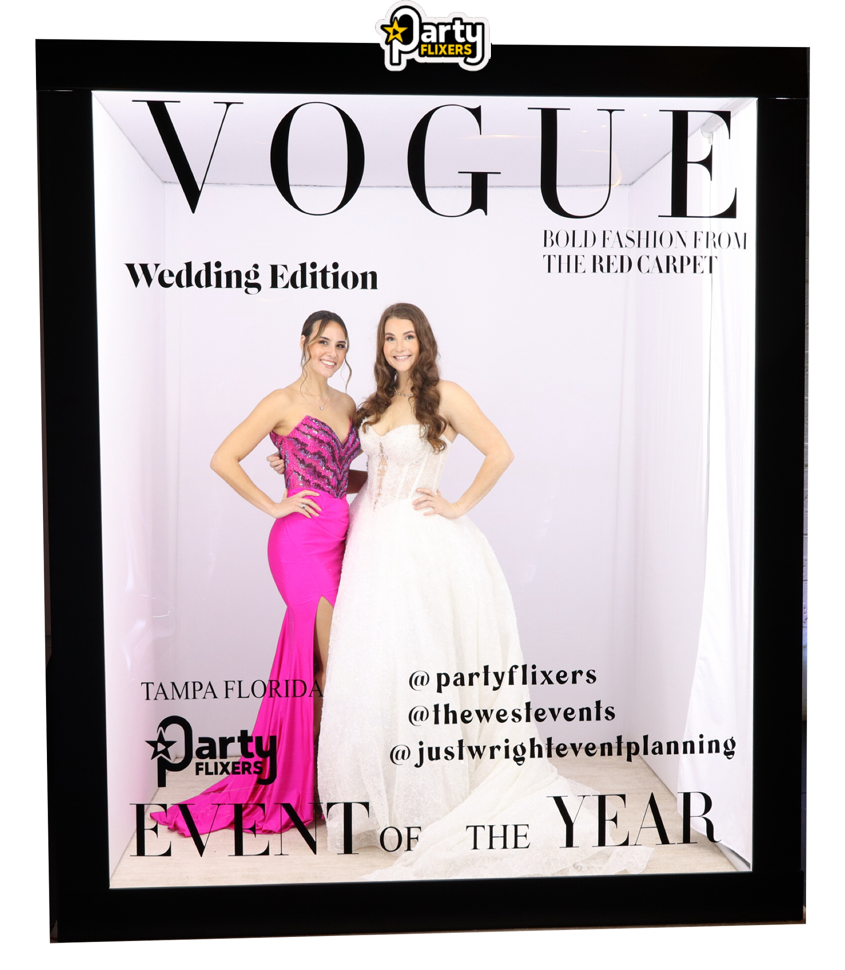 2 girls inside a magazine box prop