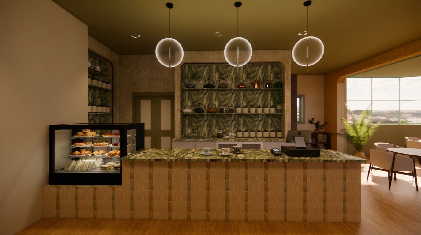 Inside Quiet Brew, patrons can relax as they wait for their brew or catch a breath. The cafe features stylish dark shelving that showcases teas, tea ware, and unique accessories for purchase.
