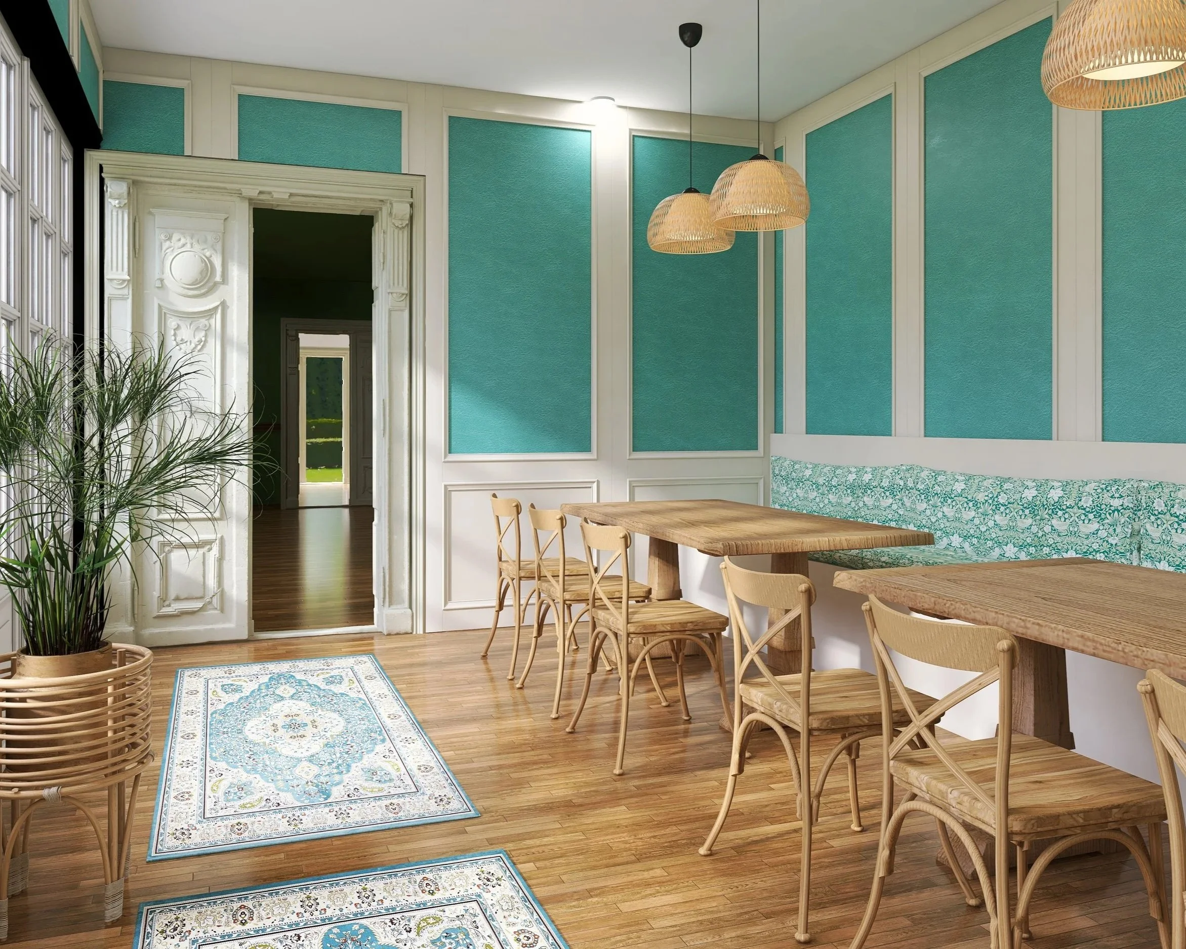 Interior of a dining area with light wood tables and chairs, teal textured wall panels, a bench with floral upholstery, hanging wicker lights, potted plant, and rugs on a wooden floor.
