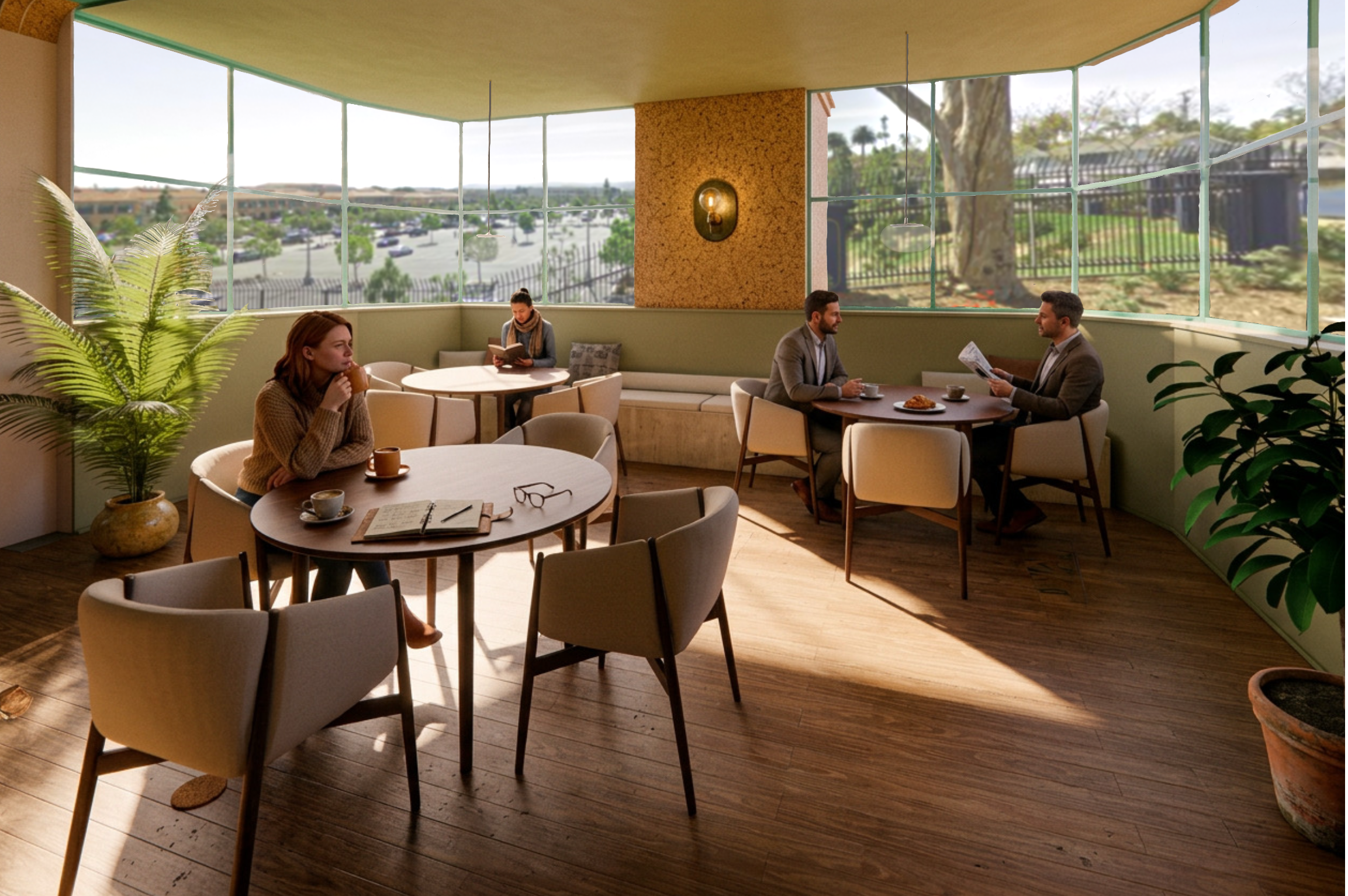 Quiet Brew's interior seating offers an intentional space to seek inspiration or build community in a mostly offline space which prizes the slow moments and inspiration brewing.

*All persons in this image have been AI- generated on top of a Revit & 