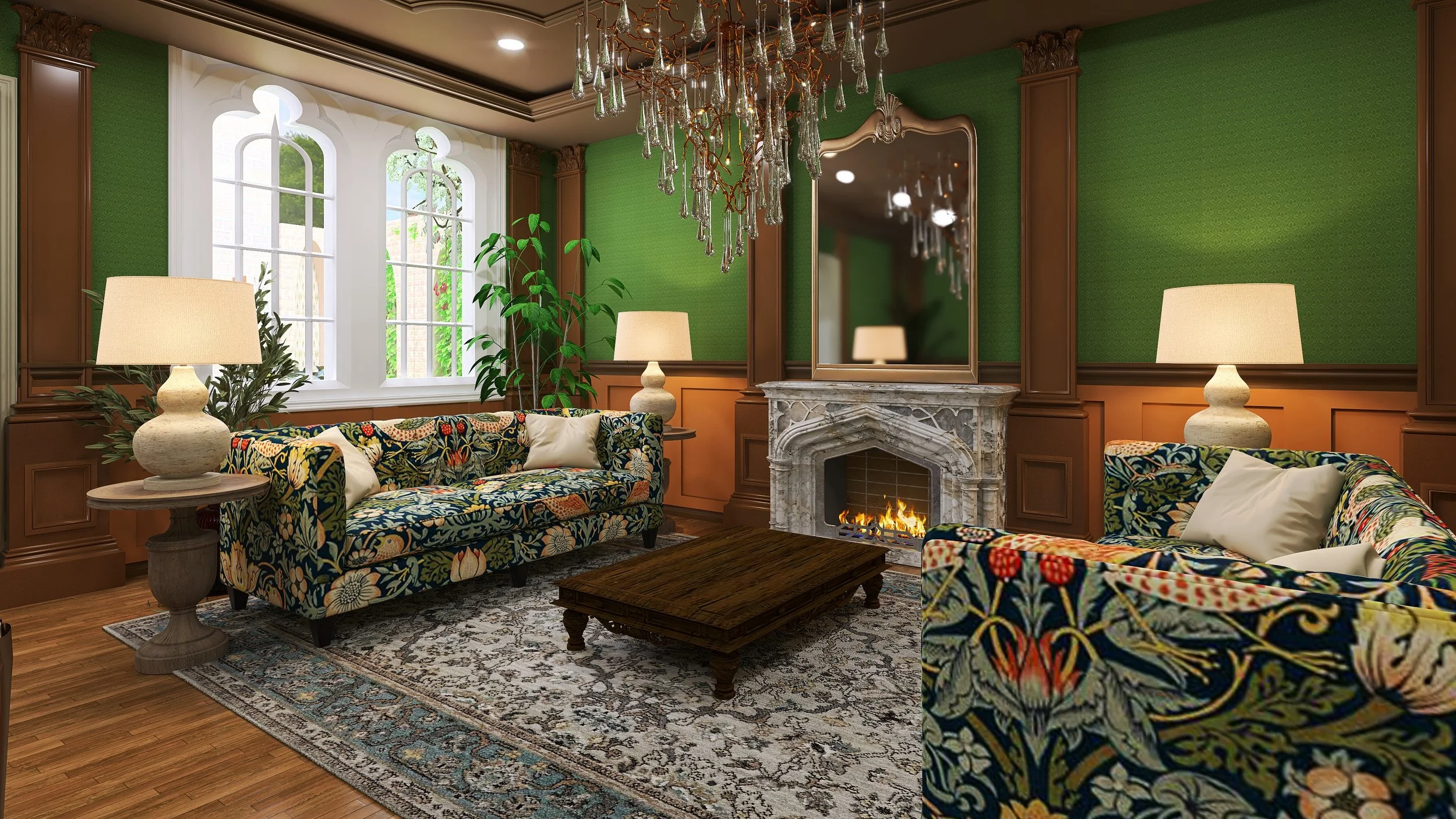 Living room with green walls, three floral-patterned sofas, a marble fireplace with a large mirror above, two table lamps, a chandelier, large window, wooden floors, and a patterned area rug.