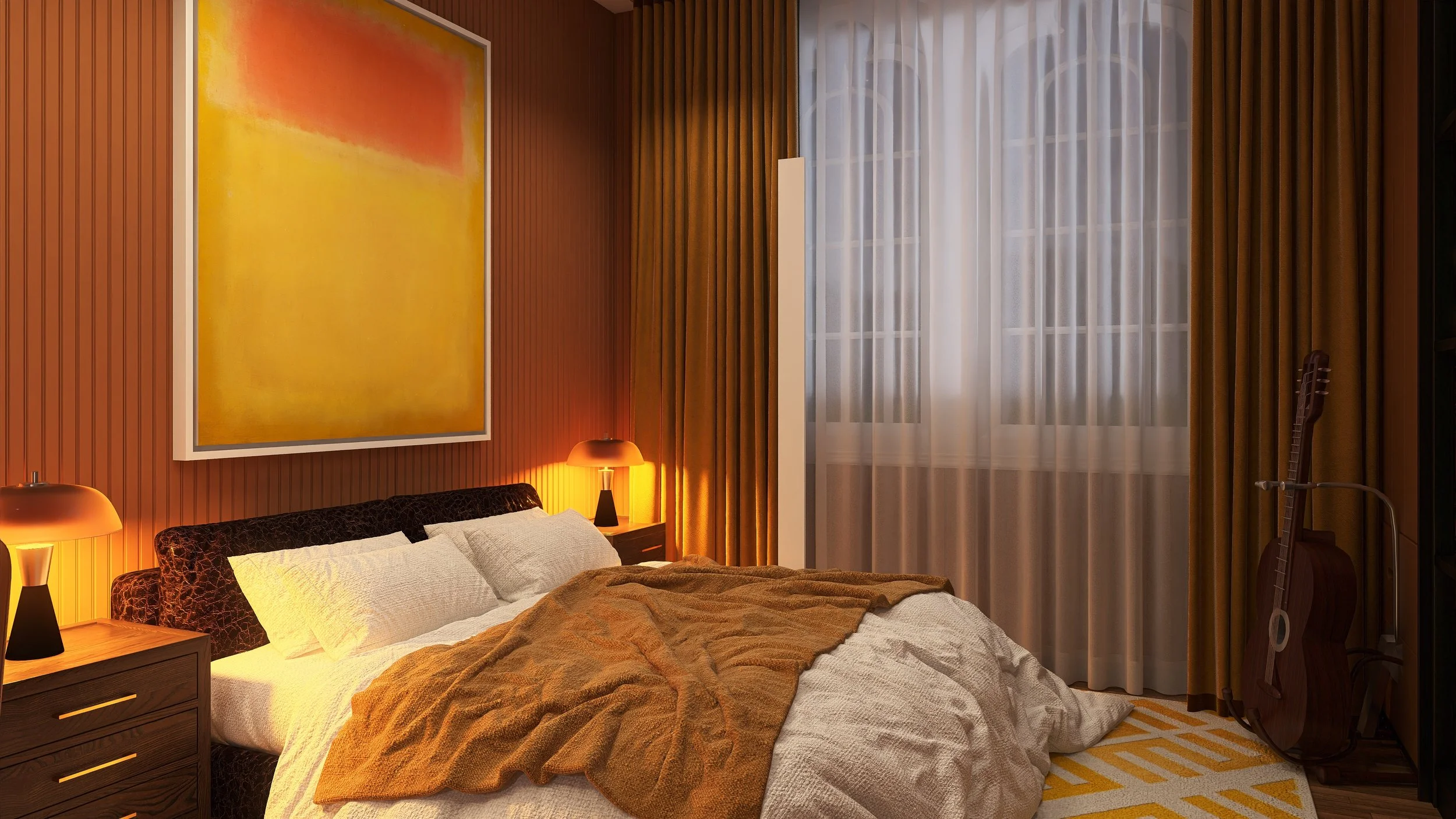 A cozy bedroom with a large bed covered in white and orange bedding, two bedside lamps emitting warm light, a large abstract painting in shades of yellow and orange on the wall, tall windows with sheer white curtains and heavy yellow drapes, a guitar leaning against the wall, and a patterned yellow and white rug.