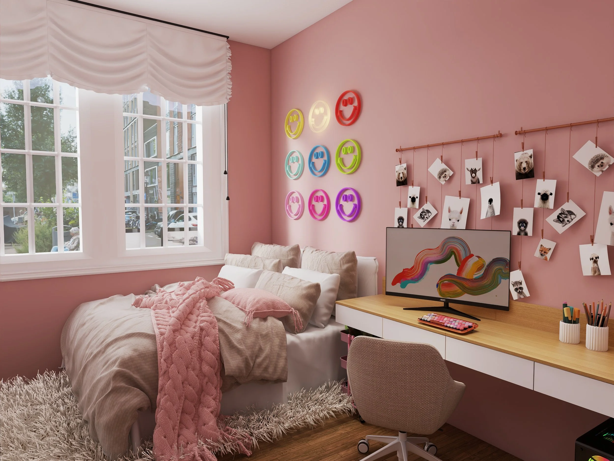A cozy bedroom with pink walls, a bed with beige and white bedding and pink blanket, large window with white curtains, neon smiley face lights on the wall, and a desk with a computer and art supplies.