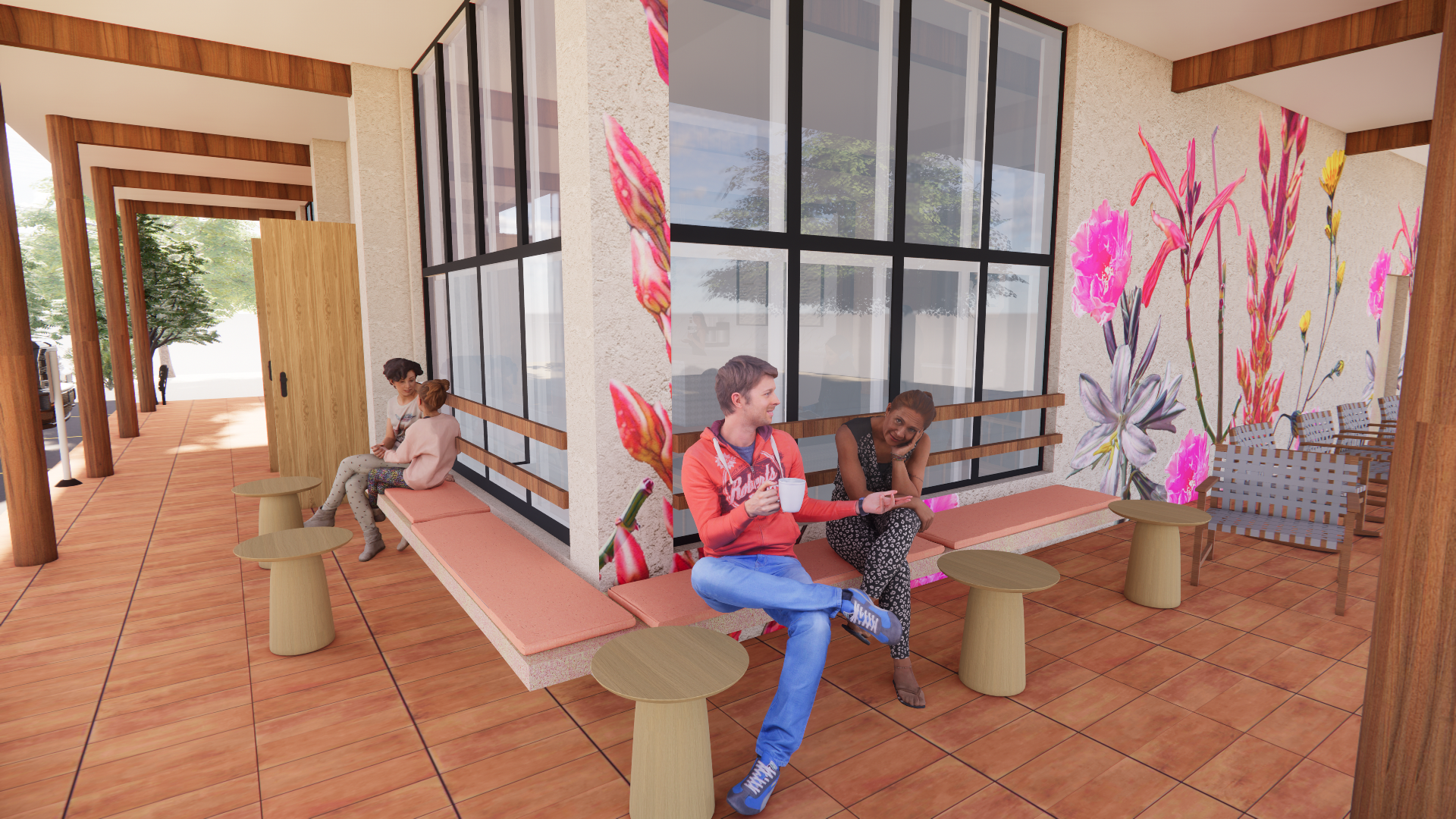 The building's exterior now boasts a shady wrap-around porch that invites guests to linger over their ice cream treats. Extra windows have been added to maximize natural light inside. Plus, a vibrant mural by a local artist showcases the blooms that 