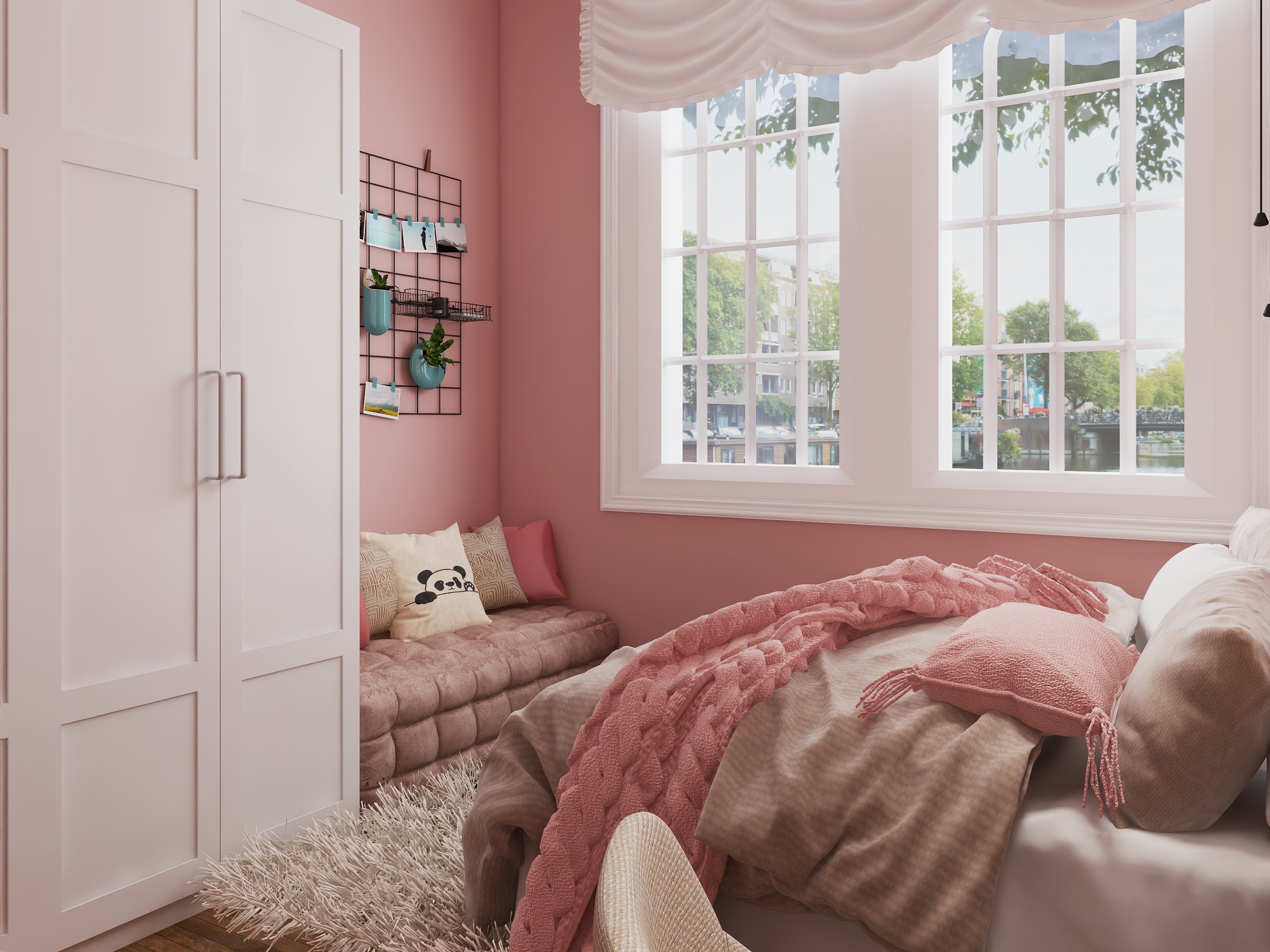 Lights, camera, stream. This teen’s bedroom is a whimsical retreat designed for gaming and digital art livestreams. A thoughtfully placed desk and a window-side storage bench create two flexible setups for content creation, supporting both creativity
