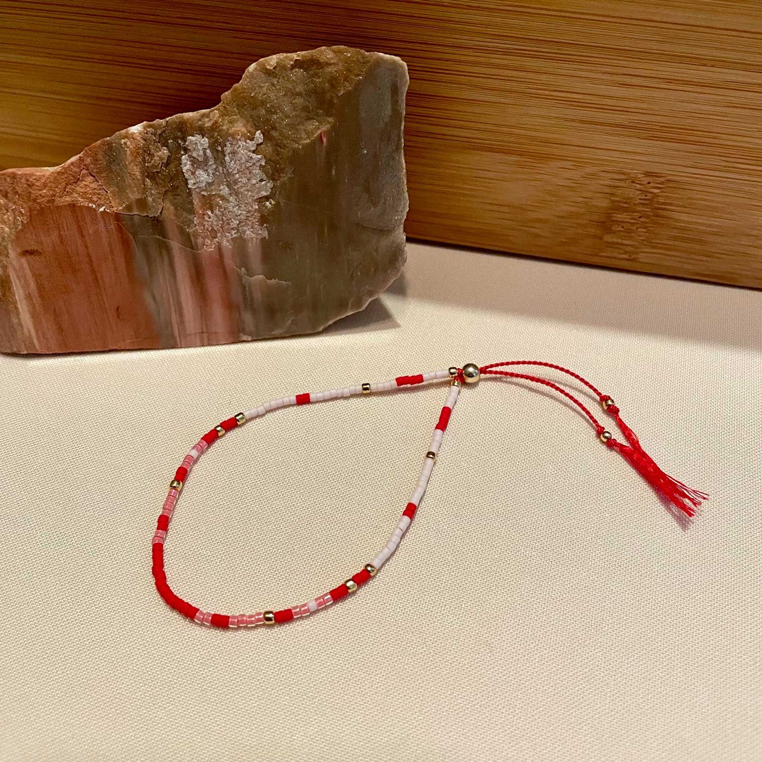 Red & Pink Seed Bead Friendship Bracelet