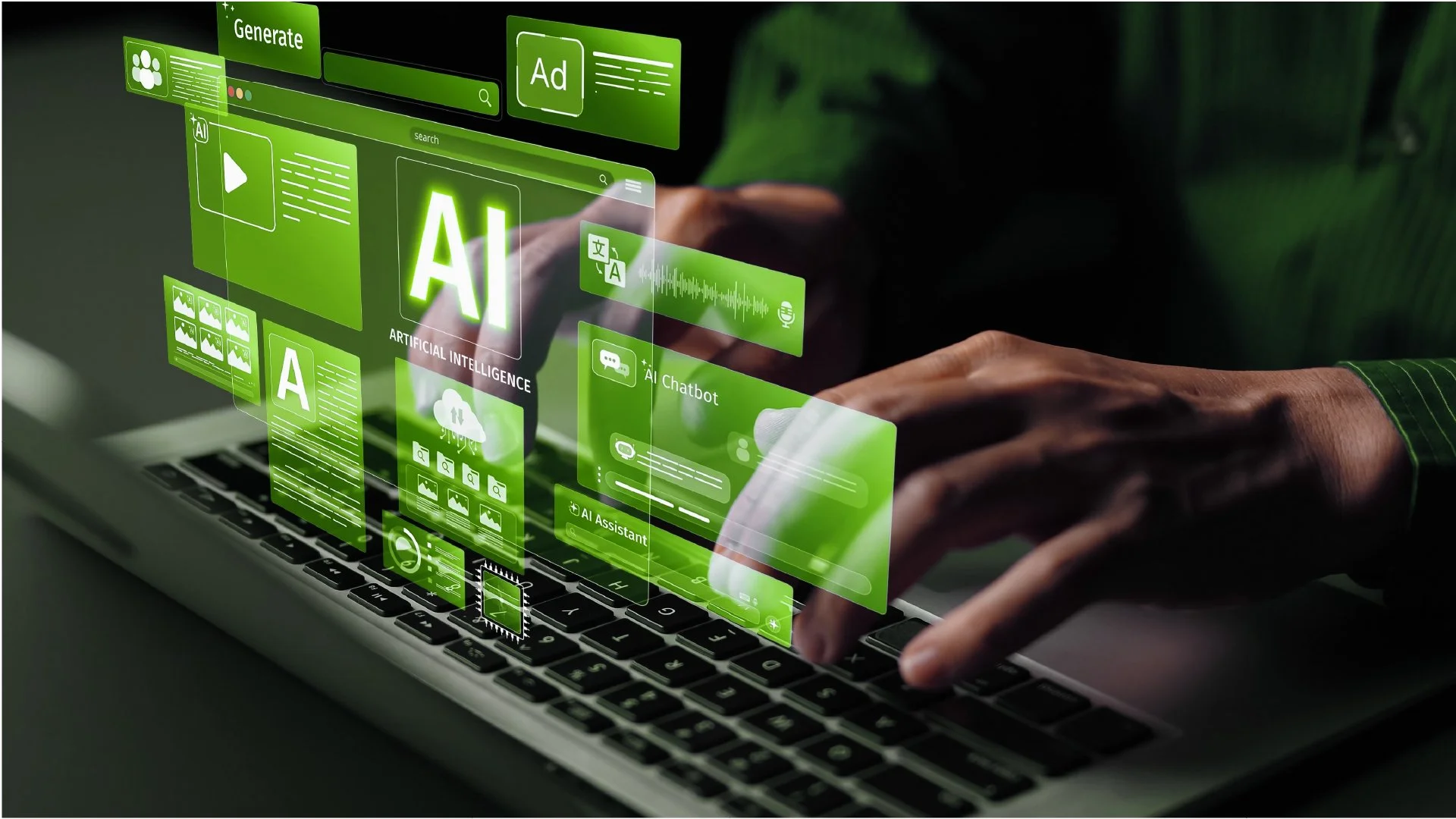 A person typing on a laptop keyboard with digital green holographic UI elements related to artificial intelligence and chatbot technology.