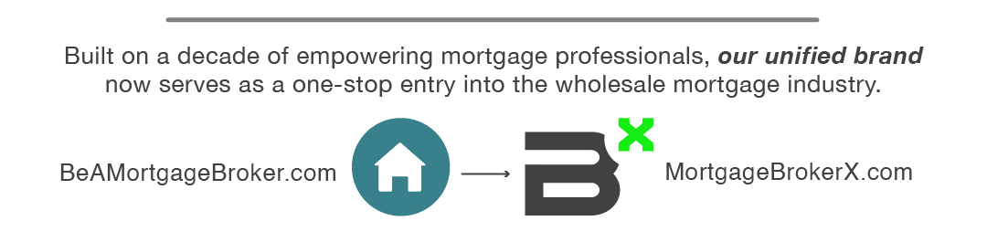 Diagram showing the transition from BeAMortgageBroker.com to MortgageBrokerX.com, with a house icon and arrows, indicating a rebranding or change in mortgage service websites.