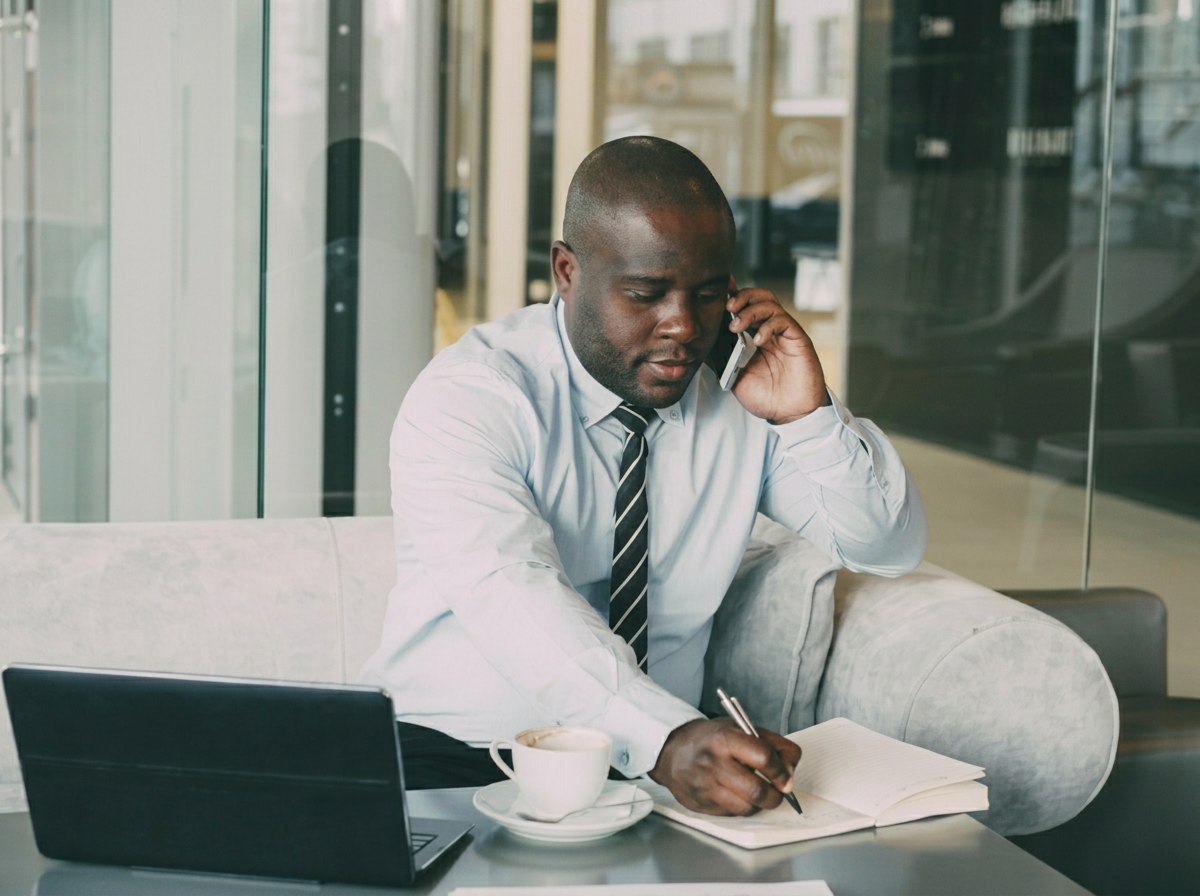 A man in business attire sitting on a sofa in a coffee shop, talking on his cellphone, writing in a notebook, with a laptop and coffee cup on the table.