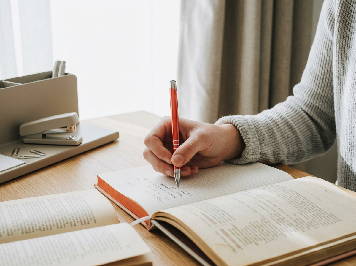 A person writing in a notebook surrounded by open books on a desk, with office supplies nearby.