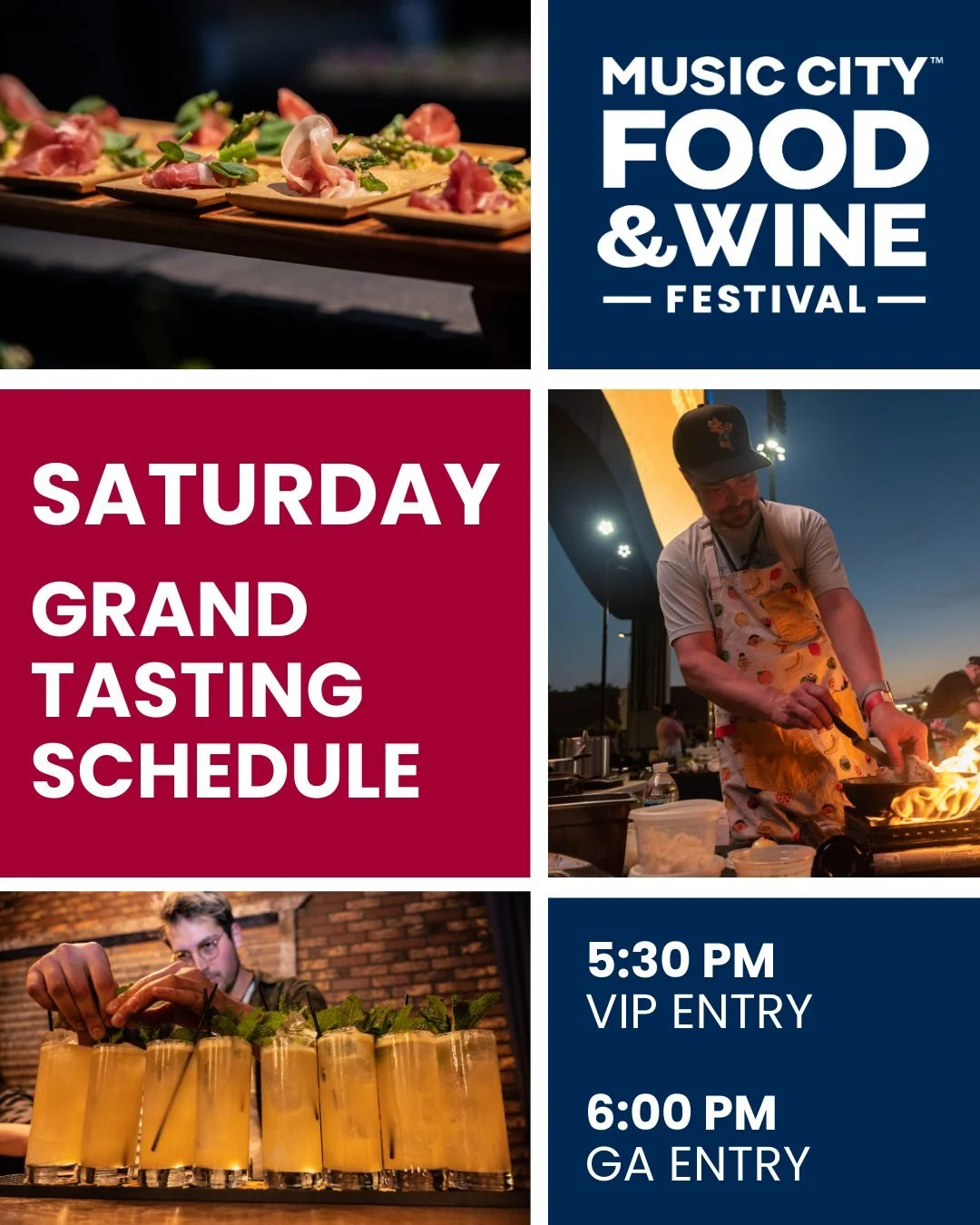 Joining us for tonight's #MCFW Grand Tasting? Don't miss all the action on the @us_foods Main Stage and the @corkdorkswine Seminar stage!