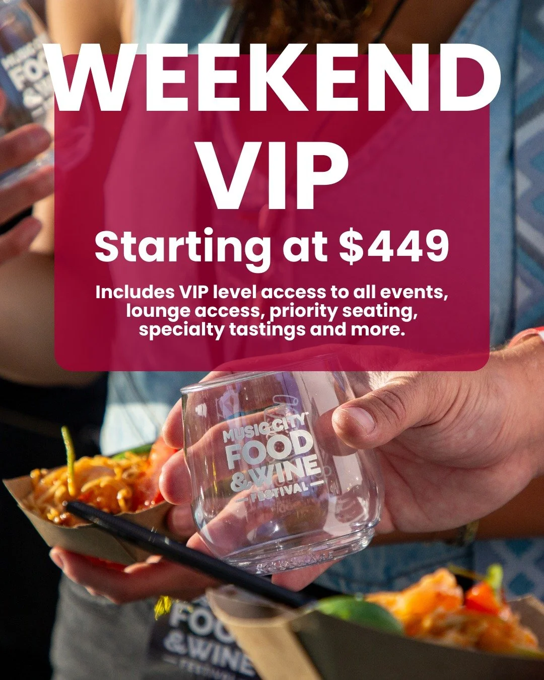 Weekend VIP or Weekend GA? The choice is yours! No matter what you choose, unlimited sips and bites are on the menu! Choose your culinary adventure and learn more at mcfwf.com/tickets.