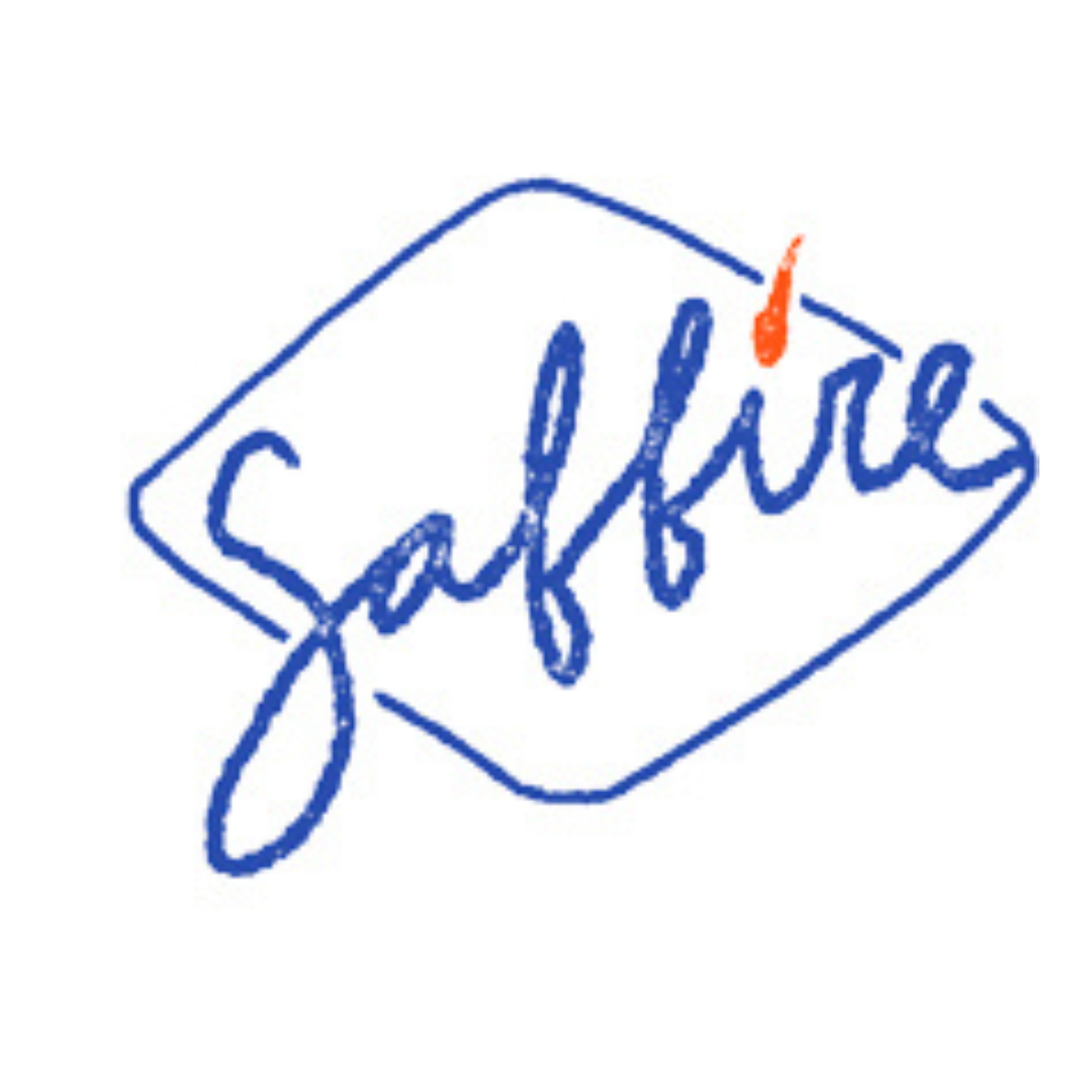 Logo for Saffire with Blue lettering logo with hand-drawn font and a flame on the letter "i". 