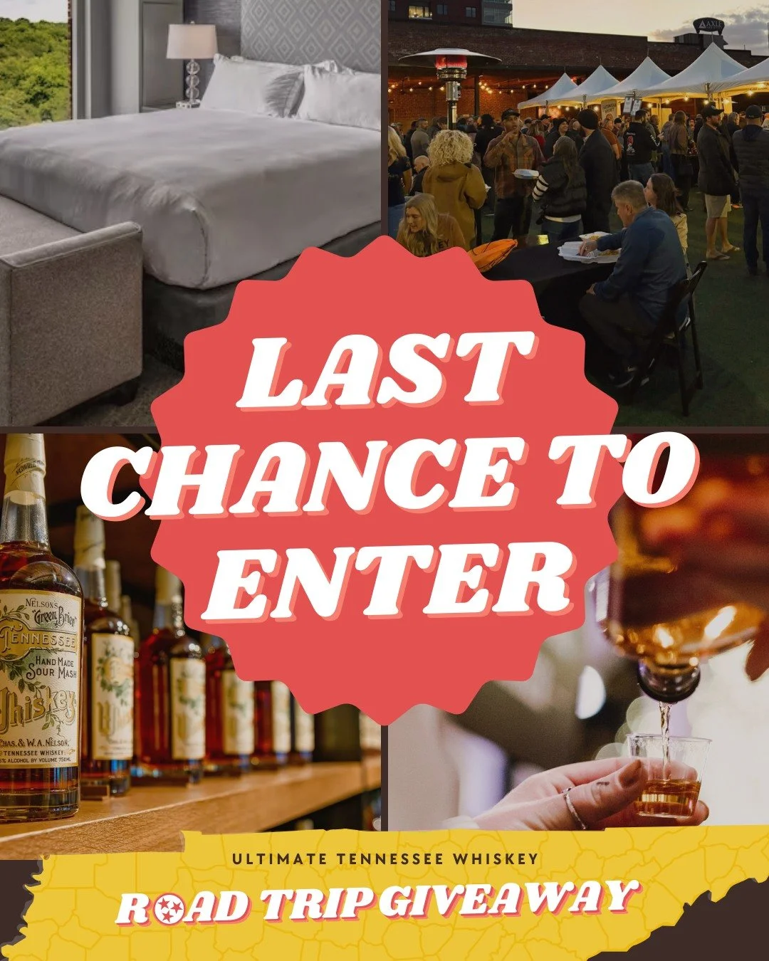 🥃 LAST CALL! 🥃 The Ultimate Tennessee Whiskey Road Trip giveaway closes in 48 hours.

Don&rsquo;t leave these 5 cities, 5 hotels, and 5 festivals on the table.
Who is the first person you&rsquo;re calling when you win? Tag them below and get over t